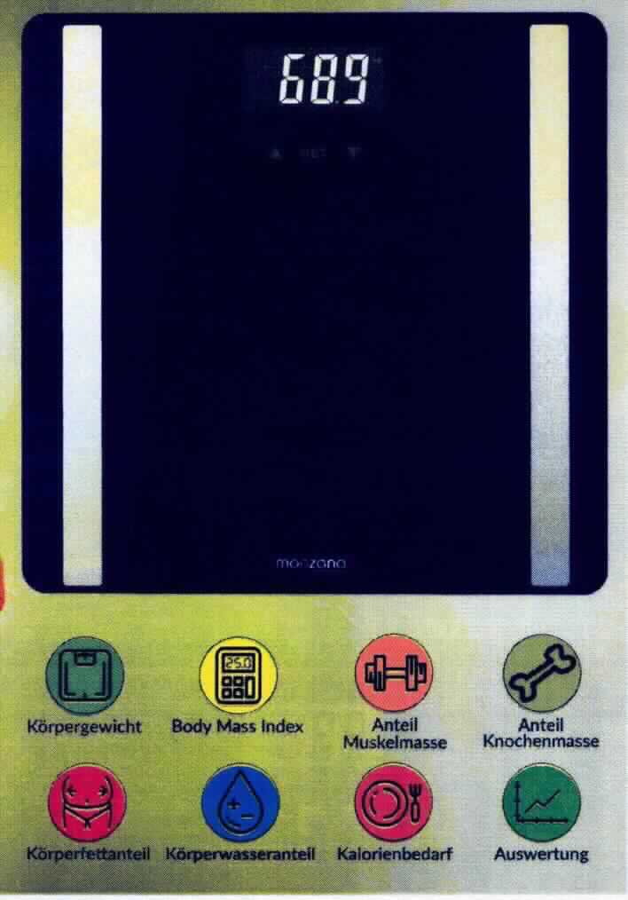 Diagnosewaage,
- in Form einer elektrischen Personenwaage mit einer quadratischen Glastrittfläche (Abmessungen 
  LxBxH: 300 x 300 x 18 mm), zwei Elektroden, Display und Bedienelementen (Abbildung siehe Anlage),
- zum Wiegen von Personen bis zu 180 kg, zur Analyse von Körperfett- und Wasseranteil, Knochen- 
  und Muskelmasse sowie dem täglichen Kalorienbedarf.
Die Waage bestimmt den Charakter der zusammengesetzten Ware.

"Waage mit einer Empfindlichkeit von mehr als 50 mg, Personenwaage, keine Haushaltswaage (zusammengesetzte Ware aus charakterbestimmender Waage und Messgerät) - Diagnosewaage"