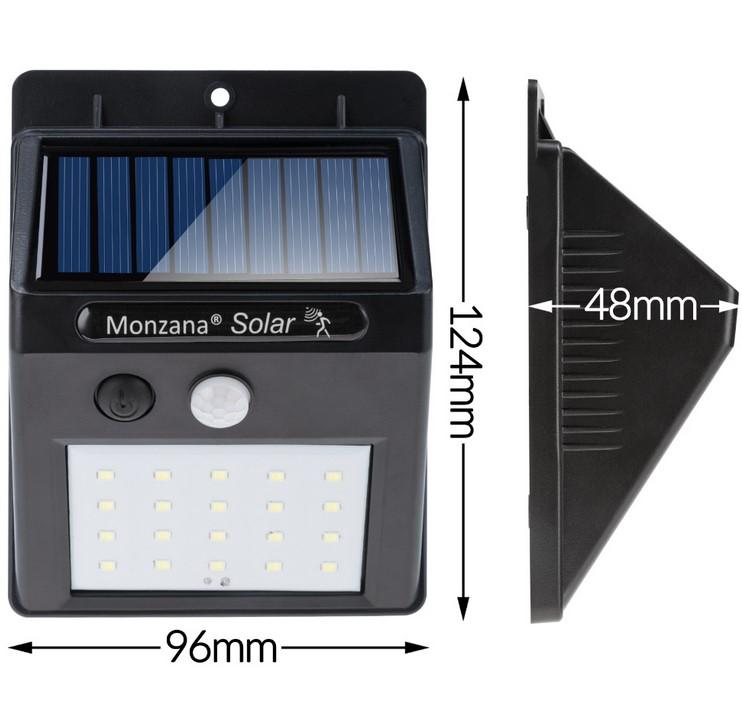 Bei der sog. Monzana Solar Outdoor Wandleuchte handelt es sich um eine elektrische Wandleuchte, bestehend aus einem pyramidenförmigen, etwa  96 mm x 124 mm x 48 mm (L x B x H) großen, schwarzen Kunststoffgehäuse mit darin fest verbauten LED-Lichtquellen und einer farblosen Leuchtmittelabdeckung aus Kunststoff. Sie dient der netzunabhängigen Außenbeleuchtung.
Zur elektrischen Ausstattung der Leuchte gehören eine Photovoltaikeinheit, ein Akkumulator sowie ein Näherungsschalter. Es sind vier Leuchtmodi einstellbar.

Die Ware ist mit beigefügtem Montagematerial (Schrauben, Dübel) in einem Karton verpackt.

Das Erzeugnis ist als "Leuchte, anderweit weder genannt noch inbegriffen, elektrische Wandleuchte, ausgenommen solche von der für öffentliche Plätze oder Verkehrswege verwendeten Art, ausschließlich zur Verwendung mit LED-Lichtquellen bestimmt, aus Kunststoff, nicht für zivile Luftfahrzeuge" einzureihen.