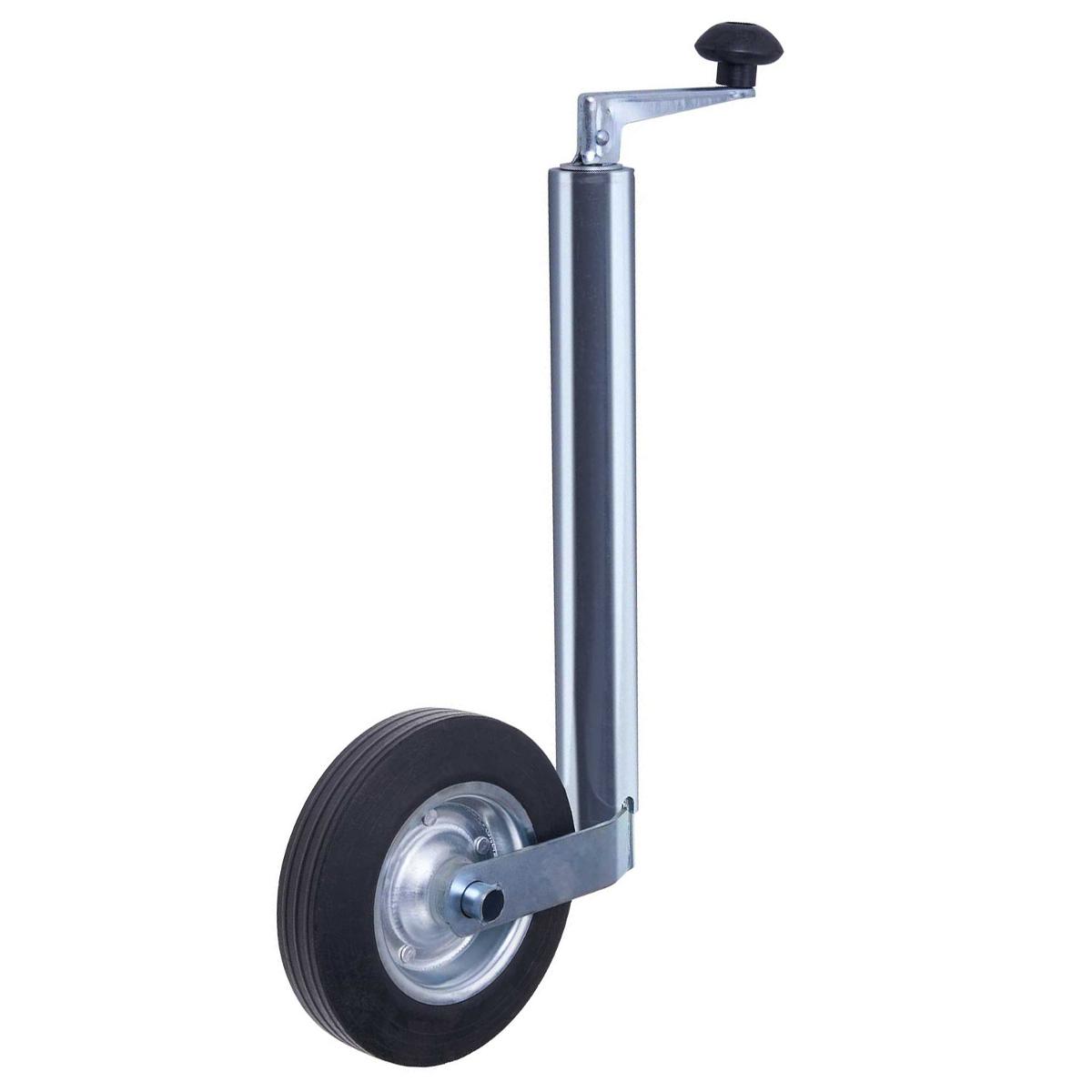 Stützrad, Foto siehe Anlage,
- im Wesentlichen bestehend aus:
- - einem ca. 370 mm langen Außenrohr (Durchmesser: ca. 48 mm) aus Stahl, am oberen
     Ende mit einer - mittels eines Lagers - drehbar befestigten, inneren Gewindespindel 
     ausgestattet, welche selbst wiederum am oberen Ende mit einer Antriebskurbel mit 
     Kunststoffgriff versehen ist,
- - einem ca. 330 mm langen, im oberen Bereich mit einem mit Innengewinde und im
     unteren Bereich mit zwei angeschweißten gabelartigen Laschen versehenen Innenrohr
     (Außendurchmesser: ca. 40 mm) aus Stahl; zwischen den beiden Laschen ist mittels
     einer Steckachse ein Rad mit einem Radkörper aus Stahl und einem mit Rillenprofil
     versehenen Vollreifen aus laut Antrag Polyurethan (PU-Schaumbereifung) mit einem
     Außendurchmesser von ca. 200 mm und einer Breite von ca. 50 mm eingesetzt,
- das Außen- und das Innenrohr sind mittels der durch die Kurbel angetriebenen
  Gewindespindel höhenverstellbar (Hubhöhe laut Antrag 270 mm) verbunden,
- laut Antrag ausgelegt für eine Stützlast von 150 kg,
- wird mittels eines Klemmhalters an einem tragenden Bauteil von Wohn- bzw. Nutzanhängern
  (Deichsel oder Auflaufeinrichtung) befestigt,
- dient als höhenverstellbares Hilfsrad dem Abstützen sowie dem Rangieren des vom
   Zugfahrzeug abgekuppelten Anhängers, indem es diesen im Gleichgewicht hält,
- aufgrund der objektiven Merkmale (u. a. Form) und Eigenschaften erkennbar
   hauptsächlich für Beförderungsmittel des Kapitels 87 bestimmt.

"Teil (Stützrad) für einen Anhänger der Position 8716"