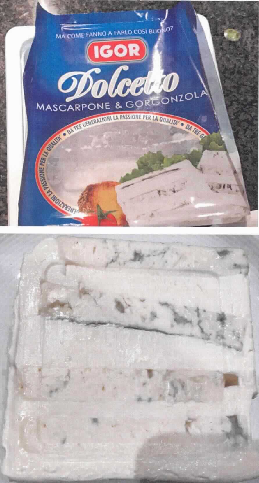 Schichtenkäse mit Gorgonzola und Mascarpone

Eine Warenprobe wurde nicht vorgelegt, sondern eine Produktspezifikation mit Abbildung der Verpackung.  
Das Erzeugnis besteht aus Schichten von Gorgonzola und Mascarpone. 
Aussehen*: Weiße, cremige Käsemasse mit zahlreichen grau-grünen Schimmelnestern und weißem
Mascarpone, geschichtet; Geschmack* milchig, süßlich, leicht pikant.
*: gemäß Produktspezifikation

Der Charakter der Ware wird vom Gorgonzola bestimmt.

Blauschimmelkäse, Gorgonzola.