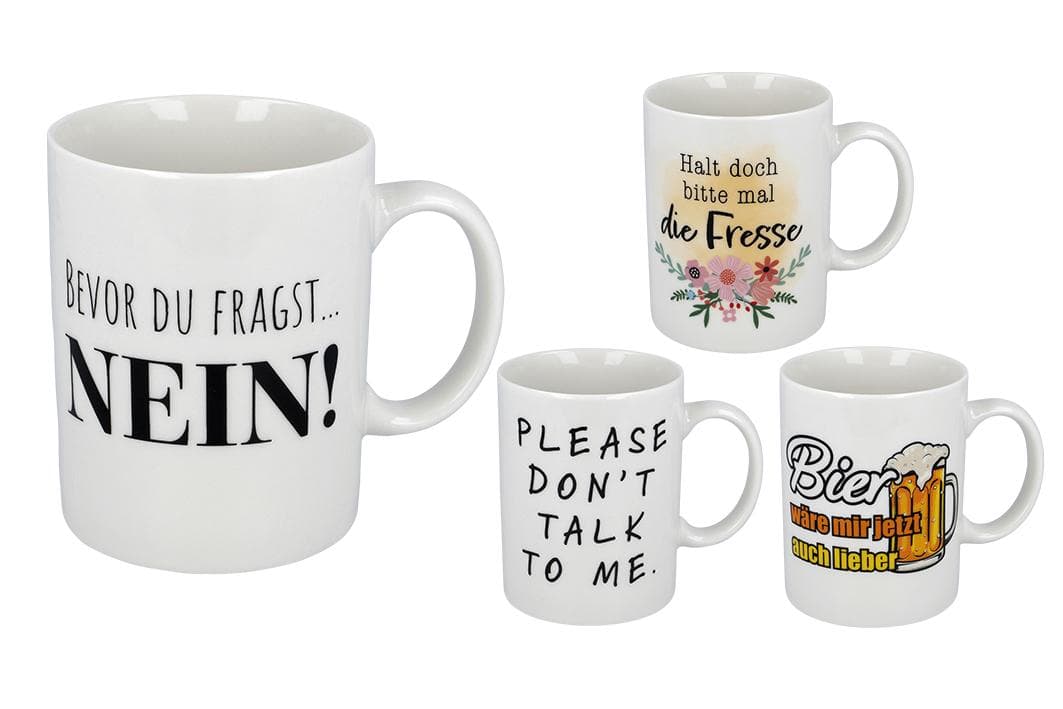 Geschirr aus Porzellan, Foto siehe Anlage,
- glasierte, weiße, becherförmige Tasse mit Henkel,
- außen mit Motiven und/oder Schriftzügen versehen,
- in den Abmessungen: ca. 8 cm (Durchmesser) x 9﻿,﻿3 cm (Höhe),
- keramisches Erzeugnis, nach der Formgebung gebrannt, tonmineralhaltiges Material enthaltend,
- nach dem Ergebnis der wissenschaftlichen Untersuchung aus Porzellan,
- in vier verschiedenen Ausführungen.

"Geschirr (Tassen), aus Porzellan"