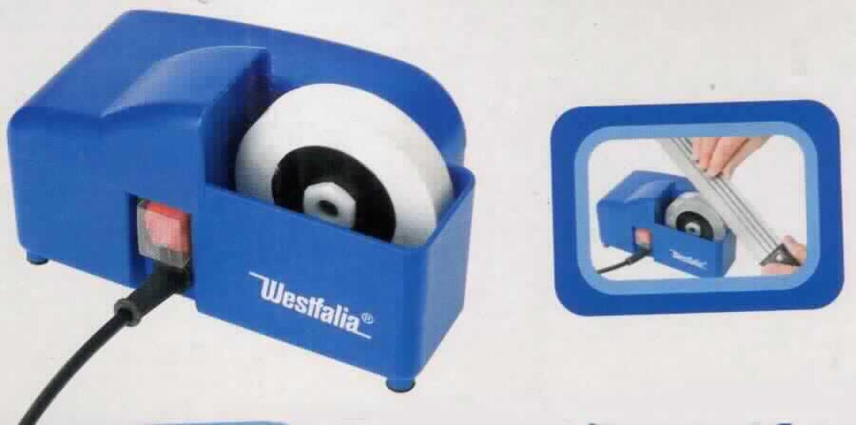 Nassschleifer,
- aus einem annähernd quaderförmigen Gehäuse mit eingebautem Elektromotor, Wasserbehälter, 
  Schleifscheibe (Durchmesser: 100 mm), Ein-/Ausschalter und Netzkabel (Abbildung siehe Anlage),
- mit einer Leistung von 45 Watt,
- zum Schärfen von Werkzeugen wie z. B. Messern, Scheren, Meißeln, Beiteln o. ä.,

"Werkzeugmaschine zum Schärfen von Metallen mit Hilfe von Schleifscheiben,
 Schärfmaschinen, nicht numerisch gesteuert - Nassschleifer"