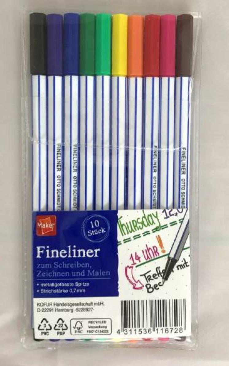Bei den sog. "Finelinern im 10er Pack" handelt es sich um ein Set, bestehend aus zehn Stiften in diversen Farbtönen. Die Stifte besitzen eine dünne, 0,7 mm breite, in Metall gefasste Spitze. Die Mine ist von einem Kunststoffgehäuse umschlossen. Die Spitzen sind jeweils mit Verschlusskappen aus Kunststoff versehen. Die Stifte eignen sich zum Schreiben, Zeichnen und Malen.

Das Set befindet sich in einem aus Kunststoff bestehenden Behältnis. Dieses ist zum dauernden Gebrauch zur Aufbewahrung der Stifte geeignet.

Die Ware ist als "Schreiber und Markierstifte, mit Filzspitze oder anderer poröser Spitze" einzureihen.