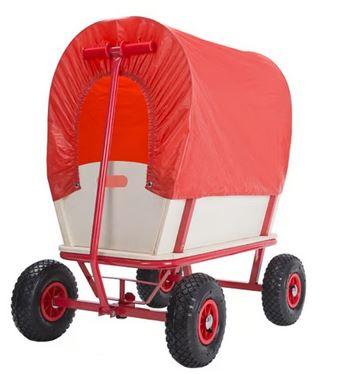Bollerwagen, Foto siehe Anlage,
- lt. Antrag:
- - mit einer Länge mit ausgelegtem Zugarm (Deichsel) von ca. 168 cm und einer Breite von 
    ca. 61 cm,
- - mit einem auf Stangen des Rohrgestells aufgesetzten Polyesterdach (abnehmbar),
- - mit Seitenteilen aus Mehrschicht-Holzplatten,
- - mit einer Deichsel mit Handgriff,
- - mit vier luftgefederten Profilrädern mit einem Reifendurchmesser von ca. 25 cm,
- - für ein Ladegewicht von max. 180 kg ausgelegt,
- wird mit der Hand gezogen,
- dient zur Beförderung von Waren.

"Anderes nicht selbstfahrendes Fahrzeug (Bollerwagen)"
