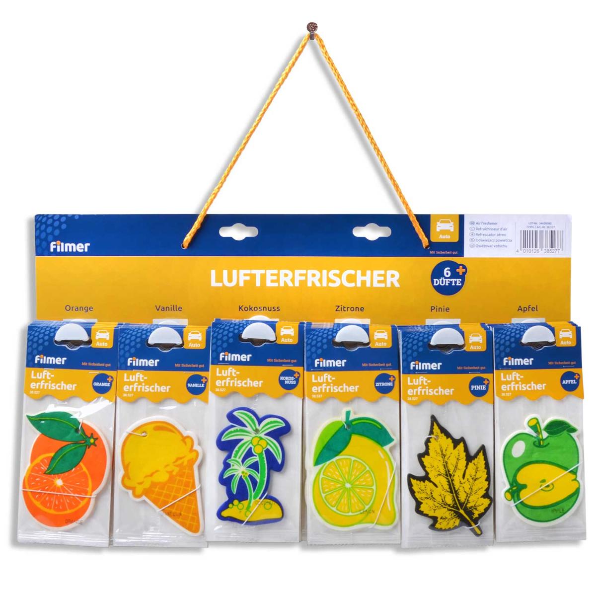 Zubereitung zum Parfümieren oder Desodorieren von Räumen; Lufterfrischer

Bei der Ware handelt es sich um sog. Lufterfrischer aus intensiv riechenden Pappaufhängern in Form von stilisierten Früchten, Blättern oder Palmen. Die Ware ist in verschiedenen Duft- und Farbvariationen erhältlich und soll im Innenraum von Kraftfahrzeugen Wohlgeruch verbreiten. Das Erzeugnis ist in einem Verkaufsdisplay à 60 Stück für den Einzelverkauf aufgemacht.

Die Ware ist als andere Zubereitung zum Parfümieren oder Desodorieren von Räumen in den TARIC-Code 3307 4900 90 einzureihen.