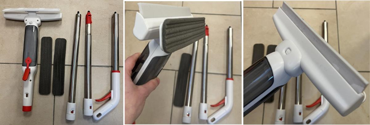 Es handelt sich um eine Warenzusammenstellung in Aufmachung für den Einzelverkauf, bestehend aus
-	einem noch nicht zusammengesetzten Fensterreiniger aus Kunststoff,
-	einer Teleskopstange und
-	einem Wasch-Pad (Ersatzunterlage).

Der Fensterreiniger (Größe: 23﻿,﻿5 x 4﻿,﻿5 x 41﻿,﻿5 cm) besteht im Wesentlichen aus einem Reinigungskopf mit Gelenk und Wasch-Pad, einer Silikonlippe (Wischer), Frischwasser- und Schmutzwassertank (Kapazität Wassertank: je 135ml) und einer Sprühfunktion am Handteil. Er kann mit dem Teleskopstiel verbunden werden.

Der aus Spraymopp und Wischer bestehende Fensterreiniger bestimmt den Charakter der Warenzusammenstellung im Hinblick auf die Verwendung und dient der Reinigung von glatten Flächen wie z.B. Fenstern. Er ist gemeinsam mit einem zusätzlichen Wasch-Pad und dem Teleskopstiel in einem Karton verpackt.

Die Ware ist als "andere als von den Unterpositionen (KN) 9603 1000 bis 9603 9091 erfasste Ware" einzureihen.