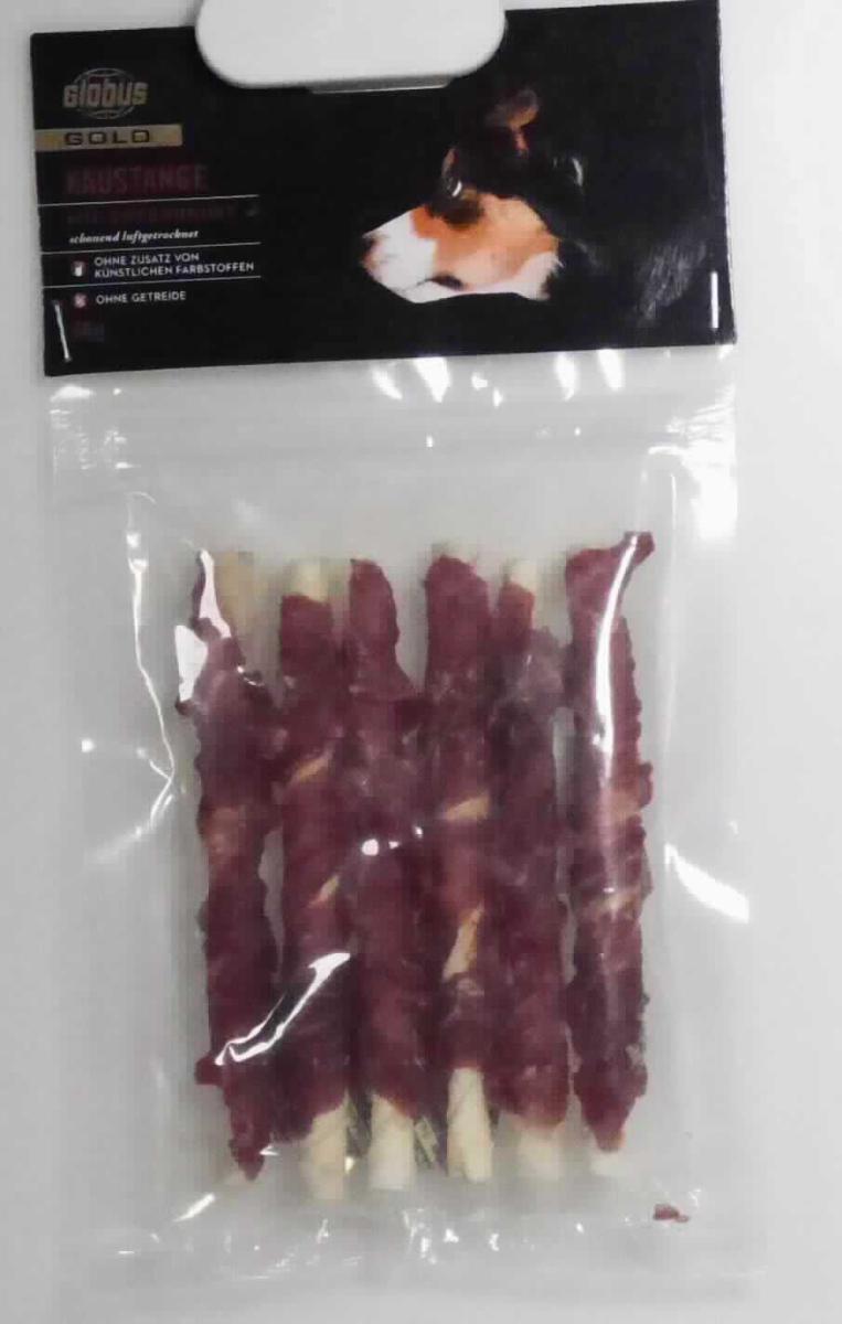 Ergänzungsfuttermittel für Hunde

Antragsangaben: Kaustange mit Entenbrust, verpackt in bedruckten Polybeuteln in Aufmachung für den Einzelverkauf als Hundefutter. Zur Zusammensetzung liegen vertrauliche Daten vor.

Beschaffenheit des Warenmusters: Bunt bedruckter, wiederverschließbarer Folienbeutel mit bedruckter Papplasche, in Aufmachung für den Einzelverkauf als Hundefutter, darin beigefarbene, getrocknete Haut, spiralförmig zu einer Stange gerollt und in der Mitte mit einem dunklen, rotbraunen, marmorierten, getrockneten Fleischstreifen umwickelt. Länge der Kaustange: ca. 12,5 cm; Durchmesser: ca. 0,9 cm. Angegebenes Nettogewicht: 80 g.

Stärke in der Ware (gemäß Angabe): nicht enthalten.
Glucose, Glucosesirup, Maltodextrin oder Maltodextrinsirup oder Milcherzeugnisse (gemäß Angabe): nicht enthalten.

Zubereitung von der zur Fütterung verwendeten Art, Hunde- und Katzenfutter, in Aufmachung für den Einzelverkauf, keine Glucose, Glucosesirup, Maltodextrin, Maltodextrinsirup, Stärke oder Milcherzeugnisse enthaltend.