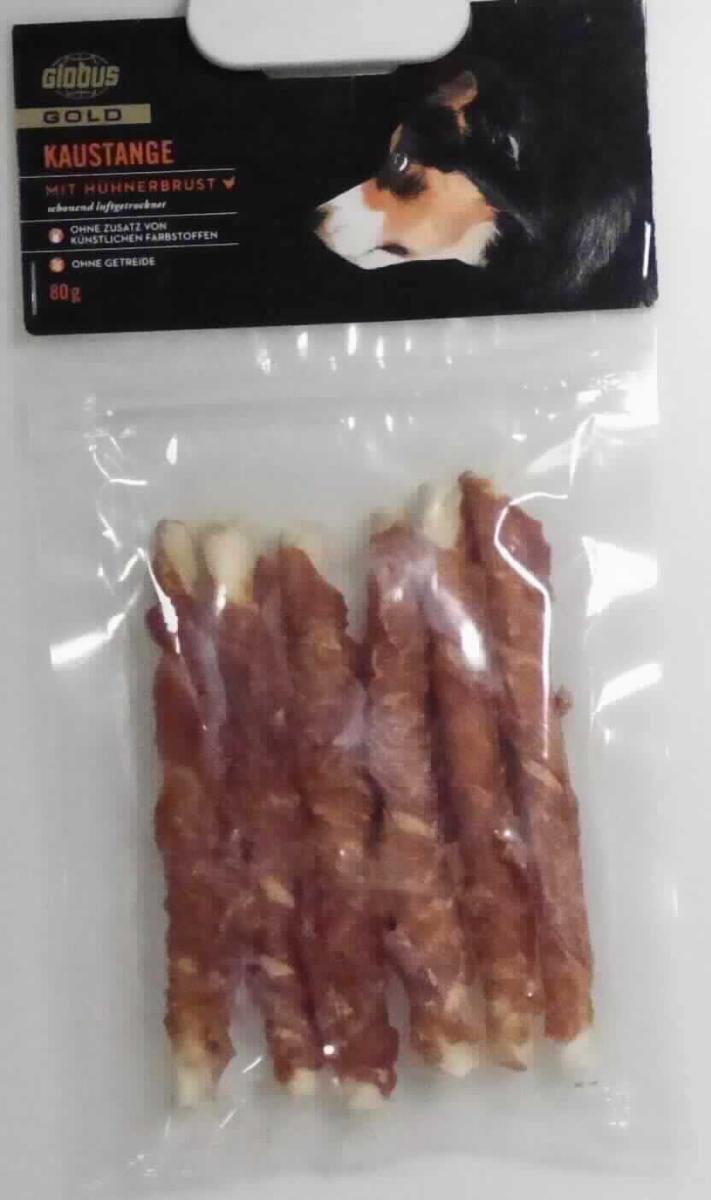 Ergänzungsfuttermittel für Hunde

Antragsangaben: Kaustange mit Hühnerbrust, verpackt im Polybeutel mit Kopfreiterkarte, in Aufmachung für den Einzelverkauf als Hundefutter. Zur Zusammensetzung liegen vertrauliche Daten vor.

Beschaffenheit des Warenmusters: Transparenter, wiederverschließbarer Kunststoffbeutel mit bedruckter Papplasche, in Aufmachung für den Einzelverkauf als Hundefutter, darin beigefarbene, getrocknete Haut, spiralförmig zu einer Stange gerollt und in der Mitte mit einem hellen, orangebraunen, getrockneten Fleischstreifen umwickelt. Länge der Kaustange: ca. 12,5 cm; Durchmesser: ca. 0,9 cm. Angegebenes Nettogewicht: 80 g.

Stärke in der Ware (gemäß Angabe): nicht enthalten.
Glucose, Glucosesirup, Maltodextrin oder Maltodextrinsirup oder Milcherzeugnisse (gemäß Angabe): nicht enthalten.

Zubereitung von der zur Fütterung verwendeten Art, Hunde- und Katzenfutter, in Aufmachung für den Einzelverkauf, keine Glucose, Glucosesirup, Maltodextrin, Maltodextrinsirup, Stärke oder Milcherzeugnisse enthaltend.