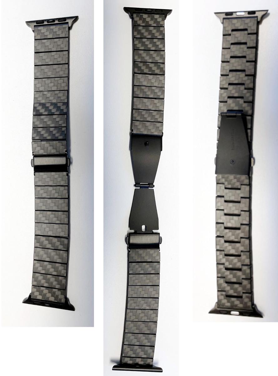Es handelt sich um zwei Uhrarmbänder für die sog. Apple Watch, im Wesentlichen bestehend aus einem insgesamt 19 bzw. 18,5 cm langen und etwa 1 cm breiten Armband aus Karbon (Kunststoff), aus gleich großen, beweglichen Segmenten, die durch Verbindungselemente miteinander verbunden sind, einer klappbaren Schließe aus Edelstahl und zwei Apple Watch-Anstößen. 

Charakterbestimmend im Hinblick auf die Bedeutung für die Verwendung und auf das äußere Erscheinungsbild ist das Armband.

Die Uhrarmbänder sind jeweils in einem Karton verpackt.

Sie sind als "Uhrarmband, aus Kunststoffen" einzureihen.