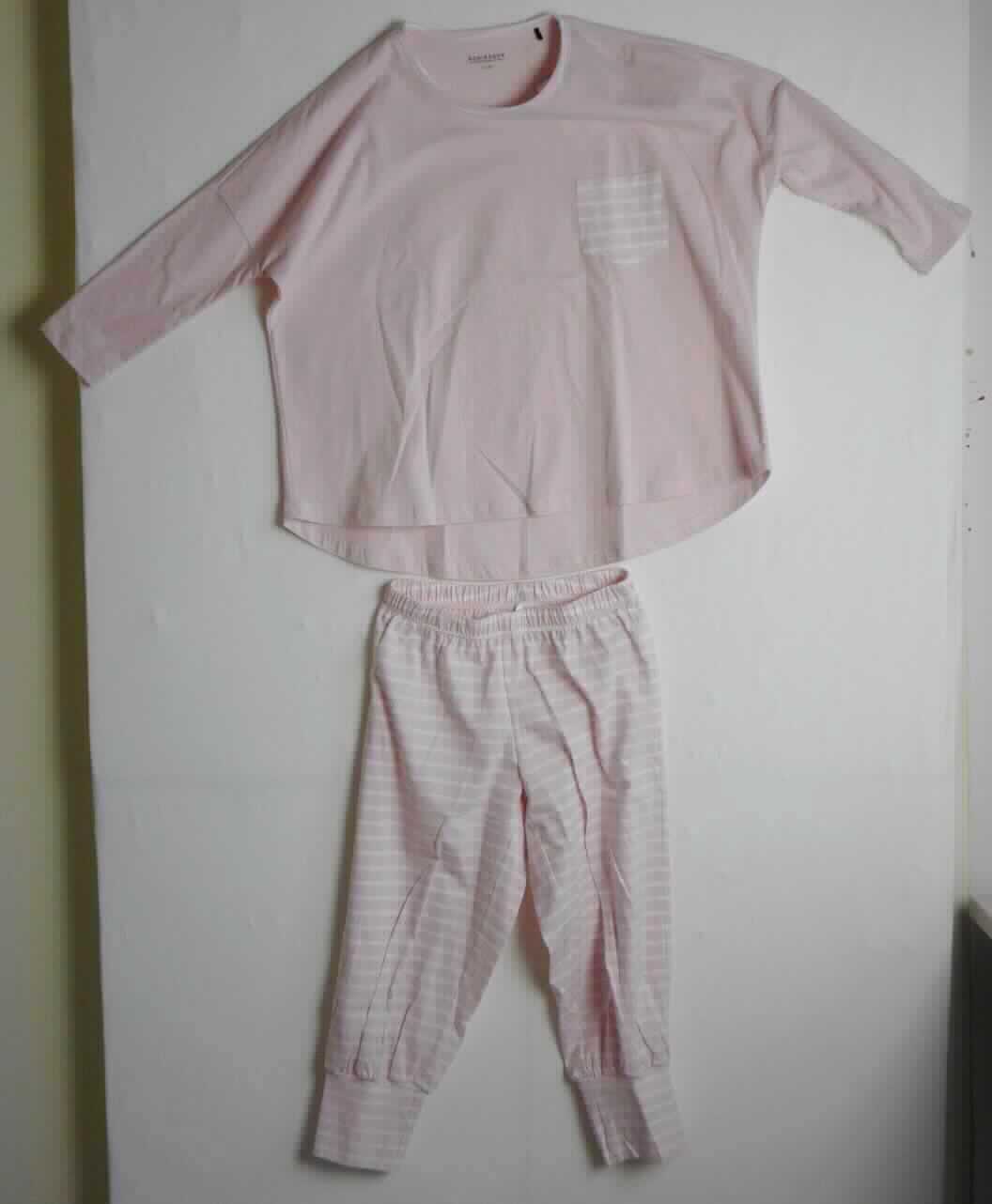 T-Shirt und lange Hose, sog. Mädchenpyjama Art. 166067, Größe 152, Foto siehe Anlage,
- als zweiteilige Zusammenstellung; kein Schlafanzug, da die Kleidungsstücke nach ihren objektiven Merkmalen 
  (insbesondere nach Schnitt, Material und Gesamteindruck) unterschiedslos im Bett oder an anderen Orten 
  getragen werden können und daher nicht dazu bestimmt sind, ausschließlich oder im Wesentlichen als
  Nachtkleidung getragen zu werden,
- keine Kombination, u. a. weil ein Kleidungsstück der Position 6109 (T-Shirt) nicht als Bestandteil einer 
  Kombination zugelassen ist,
- T-Shirt:
-- aus ca. 0,6 mm dicken (leichten), einfarbigen und bedruckten Gewirken aus laut Antrag 100 % Baumwolle,
-- über den Schritt reichend (Rückenlänge: ca. 62 cm), hinten abgerundet, vorn gerade und bis zu ca. 6,5 cm 
    kürzer gearbeitet,
-- mit einem runden, leicht halsfernen Ausschnitt, mit bedruckter Randeinfassung,
-- ohne Öffnung und ohne Verschluss,
-- mit 3/4-langen, enganliegenden Ärmeln,
-- mit einer aufgesetzten, offenen Brusttasche,
-- am unteren Rand und an den Ärmelenden durch Umschlagen und Festnähen gesäumt,
-- erfüllt die Merkmale zur Einreihung als T-Shirt, somit keine Ware des TARIC-Codes 6109 1000 90.

"T-Shirt, aus Gewirken, aus Baumwolle"