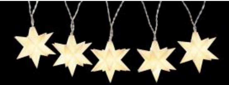 Bei der sog. LED Sternen Lichterkette "LED mini starlight chain (1045)" handelt es sich um eine ca. 220 cm lange Lichterkette, bestehend aus einer gedrehten Girlande aus zwei mit farblosem Kunststoff isolierten elektrischen Kabeln mit 12 im Dauerlicht weiß leuchtenden, im Abstand von ca. 20 cm angebrachten LED-Lichtquellen.
An jeder Brennstelle ist ein ca. 8 cm großer Aufsatz in Form eines dreidimensionalen Sterns aus weißem lichtdurchlässigem Kunststoff aufgesteckt.
Die Lichterkette ist mit einer ca. 3 m langen Zuleitung, einem Batteriefach, einer Timerfunktion und einem Ein-/Ausschalter ausgestattet.

Sie ist für die Innen- und Außenbeleuchtung (IP 44) geeignet und in einem bedruckten Karton verpackt.

 Es handelt sich um eine Lichterkette, die hauptsächlich zum Schmücken eines Weihnachtsbaums bestimmt ist.

Das Erzeugnis ist als "elektrischer Beleuchtungskörper, anderweit weder genannt noch inbegriffen, Lichterkette von der für Weihnachtsbäume verwendeten Art, ausschließlich zur Verwendung mit LED-Lichtquellen bestimmt" einzureihen.