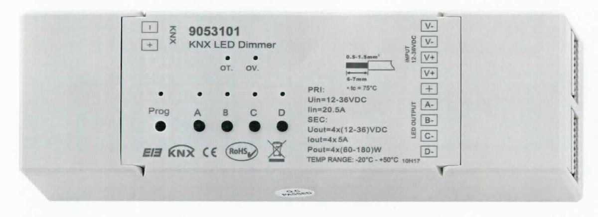 KNX Empfänger DC,
- aus einer mit aktiven und passiven Bauelementen bestückten gedruckten Schaltung in einem quaderförmigen
  Gehäuse, mit elektrischen Anschlüssen und digitaler Anzeige, 
- für eine Spannung von 12 oder 24 Volt DC (Gesamtleistung: 4 x 120 W = 480 W; keine Stromrichterfunktion),
- zur Steuerung von max. vier unabhängig voneinander steuerbaren Ausgangsstromkreisen mittels 
  Pulsbreitenmodulation (PWM),
- zur Verwendung als Dimmer in Beleuchtungsinstallationen.

Die Ware ist als "elektrischer Träger, mit mehreren Geräten der Position 8536 ausgerüstet, zum elektrischen Schalten oder Steuern, für eine Spannung von 1000 V oder weniger, nicht von Unterpositionen 8537 1010 bis 8537 1098 98 erfasst, keine Vermittlungseinrichtung der Position 8517" einzureihen.

Anlage: 1 Abbildung