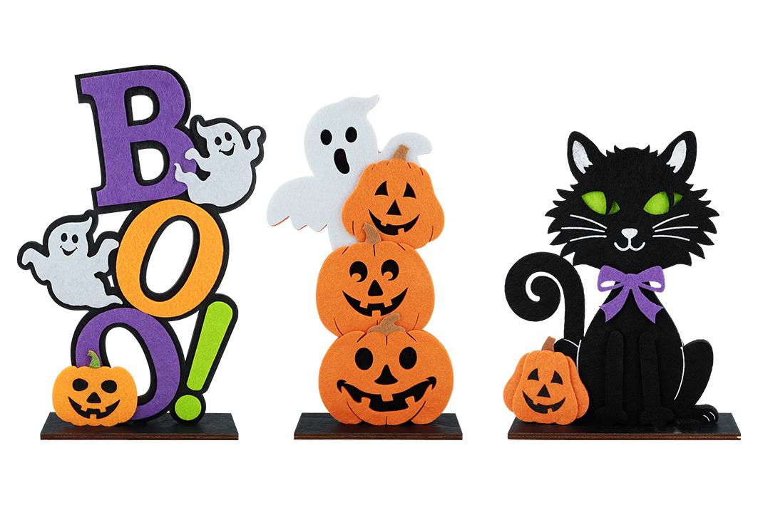 Nach den Antragsangaben sowie dem vorgelegten Warenmuster handelt es sich bei der sog. "Dekofigur Halloween Holz" um einen Dekorationsaufsteller zur Ausgestaltung des Halloweenfestes.

Das ca. 20 cm große Erzeugnis ist aus flachem Sperrholz in Form des Schriftzuges "BOO!" sowie zwei Geistern gefertigt und auf der Schauseite schwarz bemalt. Zudem ist die Vorderansicht vollständig mit passgenauen Zuschnitten aus augenscheinlich Filz / Vlies beklebt (lila, orange, weiß und grün) sowie mit einem zusätzlichen, orangefarbenen Halloweenkürbis mit einer grinsenden "Fratze" (ebenfalls aus Filz / Vlies) gestaltet. Der Aufsteller ist auf einem schwarzen, rechteckigen Sockel aus Sperrholz angebracht.

Derartige Waren werden aufgrund der Gestaltung und des Designs erkennbar als Dekorationsgegenstand während des Halloweenfestes verwendet.

Zolltarifrechtlich handelt es sich um einen "Festartikel, anderer als Weihnachtsartikel".