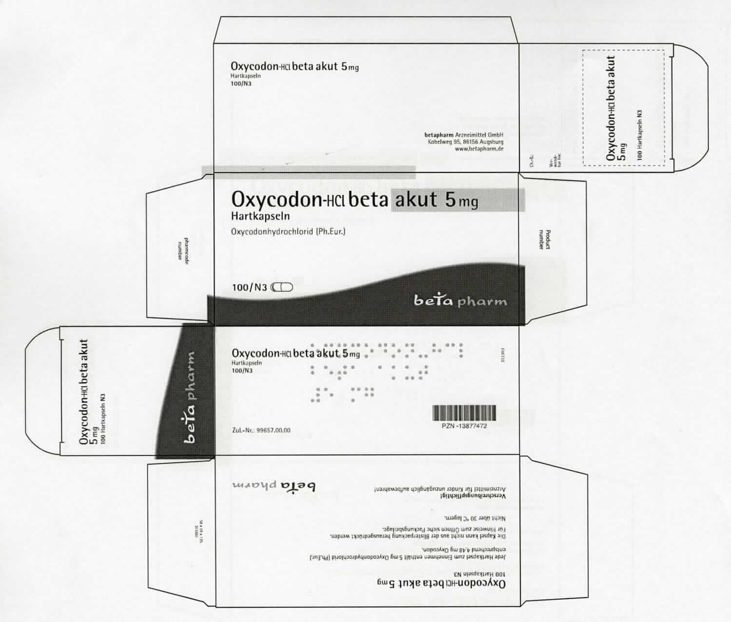 Arzneiware; Hartkapseln

Bei der Ware handelt es sich um 14,4 mm lange Hartkapseln in je nach Wirkstoffmenge unterschiedlichen Farben (dunkelrosarot/braun, weiß/braun, hellrosarot/braun) mit der Beschriftung OXY und einer Zahl, die der Wirkstoffmenge entspricht. Die Tabletten sind in Blisterverpackungen zu 20, 50 oder 100 Hartkapseln zusammen mit einer Gebrauchsanweisung in Faltkartons in Aufmachung für den Einzelverkauf verpackt und werden mit drei verschiedenen Wirkstoffgehalten vertrieben (5/10/20 mg).  
Die Kapseln enthalten den Wirkstoff Oxycodonhydrochlorid, ein Opioid, das zur Behandlung starker Schmerzen ab einem Alter von 12 Jahren eingesetzt wird. Die Gebrauchsanweisung enthält Informationen zur Zusammensetzung (siehe Feld 8), zur Art der Anwendung (5 mg alle 6 Stunden, Dosis wird vom Arzt angepasst) sowie Hinweise zu Vorsichtsmaßnahmen und Nebenwirkungen. 

Die Ware ist als Arzneiware, dosiert und in Aufmachung für den Einzelverkauf Alkaloide oder ihre Derivate enthaltend, in die Unterposition 3004 4900 der Kombinierten Nomenklatur einzureihen.