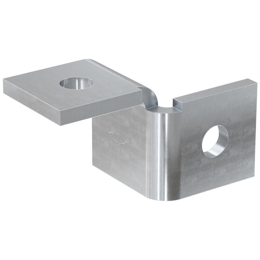 Es handelt sich um vollständig aus Stahlblech gefertigte Erzeugnisse in Form eines rechten Winkels mit zwei gleich langen Schenkeln, von denen einer um 90° nach hinten und einer um 90° nach vorne umgebogen ist. Beide Schenkel sind zentrisch mit einer kreisrunden Durchgangslochung versehen. 
Die speziell nach Zeichnung gefertigten und im Hinblick auf ihre Verwendung mit spezifischen Merkmalen ausgestatteten Erzeugnisse dienen als Verbindungselemente in mehrdimensionalen Schienenkonstruktionen (nicht Gegenstand dieser vZTA) zur Befestigung von Rohren, Lüftungs- und Kabelanlagen z. B. an der Decke.
Breite der Schenkel: ca. 40,5 mm
- Antragstellerangaben -

Abbildung siehe Anlage.

Derartige Erzeugnisse gehören als "andere Konstruktionsteile aus Stahl, ausschließlich oder hauptsächlich aus Blech" zum TARIC-Code 7308 9059 00.