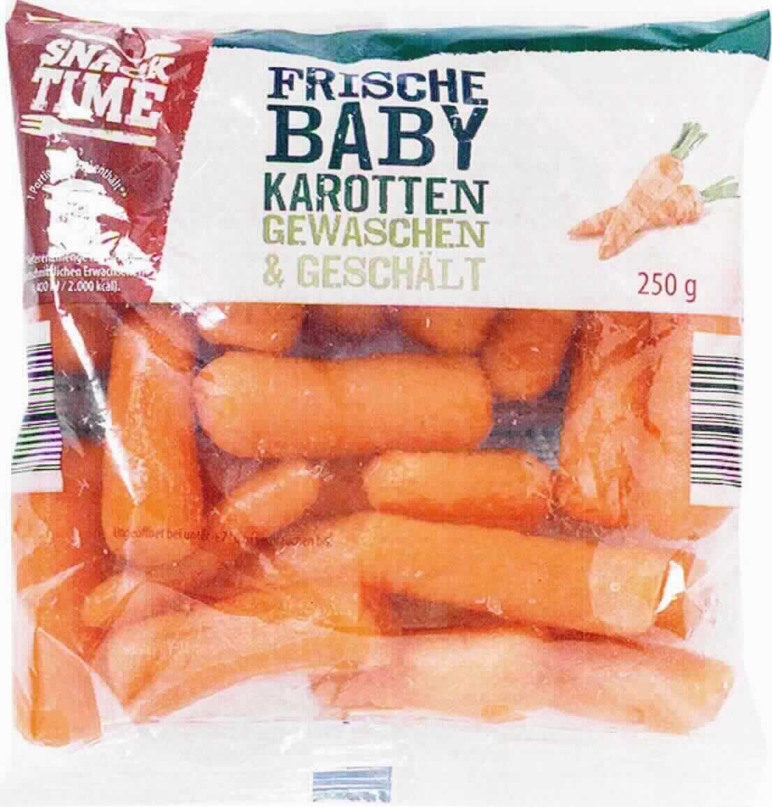 Baby-Karotten

Beschreibung des vorgelegten Warenmusters:
Ca. 5 - 6 cm lange fingerdicke, geputzte, rohe Möhren, Geschmack arteigen, rohen Möhren entsprechend, original verpackt in teils durchsichtigem, teils beige-grün-rot bedrucktem Cellophanbeutel; der Aufdruck enthält Angaben zum Erzeugnis (Frische Baby Karotten gewaschen & geschält), zur Füllmenge (250 g), zu den Zutaten (Karotten) und zur Aufbewahrungstemperatur (unter + 7 °C) und Verbrauchsfrist.


Karotten, frisch oder gekühlt.