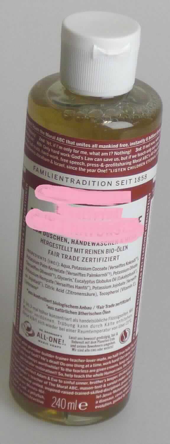 Angaben: 
Flüssige Seife zur Hautreinigung (Hände, Gesicht, Körper); überwiegend bestehend aus einem Gemisch von Salzen pflanzlicher Fettsäuren mit Zitronensäure auf einen pH-Wert von 8,7-9,9 eingestellt, frei von synthetischen Stoffen.

Warenbeschaffenheit:
Gelbliche, nach Eukalyptus riechende, mit Wasser schäumende, basische Flüssigkeit in einer 240ml-Originalflasche mit Dosieröffnung.

Befund: 
Seifen in anderen Formen.