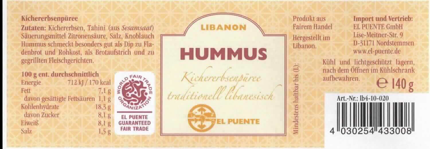 Hummus.

Antragsangaben (als zutreffend unterstellt): Kichererbsenmus. Zutaten: Kichererbsen, Tahini (aus Sesamsaat), Säuerungsmittel: Zitronensäure, Salz, Knoblauch. In Aufmachung für den Einzelverkauf à 140 g. 
Die Ware wurde anhand eines Etikettabdrucks veranschaulicht. Es wurden vertrauliche Angaben gemacht.

Gehalt an freier flüchtiger Säure i. S. der ZAnm 1 zu Kap 20 (gemäß Angabe): weniger als 0,5 GHT. 

Anderes Gemüse, anders als mit Essig oder Essigsäure zubereitet oder haltbar gemacht, nicht gefroren, ausgenommen Erzeugnisse der Position 2006, andere als in den UPos 2005 1000 bis 2005 9960 der KN genannt, andere, andere.