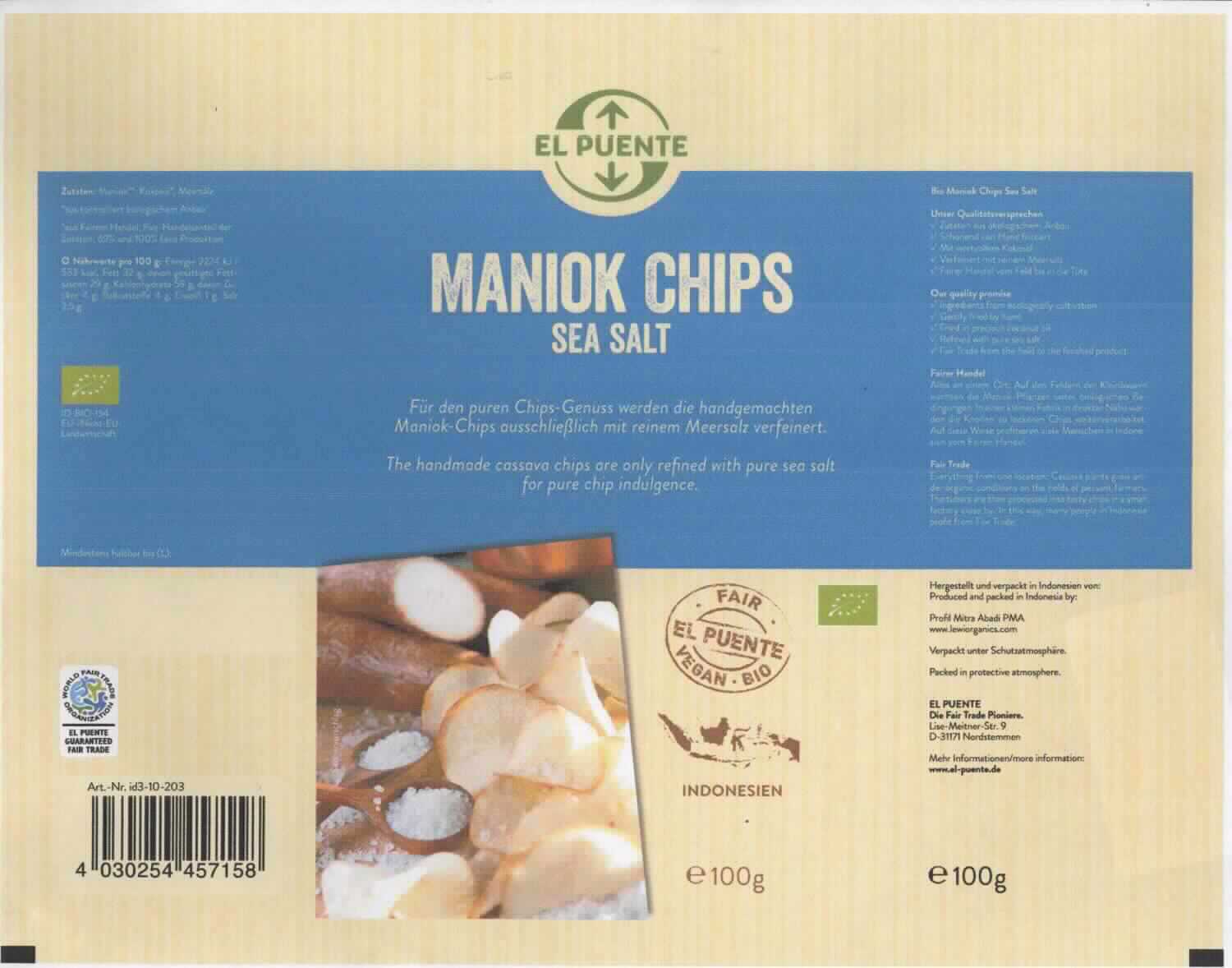 Maniok, zubereitet.

Antragsangaben (als zutreffend unterstellt): Bio Maniok Chips Sea Salt, in Aufmachung für den Einzelverkauf. Zutaten: Maniok (in Scheiben), Kokosöl, Meersalz. 

Beschaffenheit des vorgelegten Warenmusters: beige, dünne, frittierte, zum Teil gebrochene Scheiben mit bräunlichem Rand, aufgemacht in einer 30 g-Original-Kunststofffolientüte. Geschmack. knusprig, fettig, leicht salzig. Aufdruck (auszusgsweise): Nährwertinformation pro 100 g: Kohlenhydrate: 59 g, davon Zucker: 4 g, Salz: 2,5 g. 

Alkohol (gem. Angabe): nicht enthalten. 
Zuckergehalt i. S. der ZAnm 2 a) Abs 2 Kap 20 (gemäß Angabe): weniger als 9 GHT
Zugesetzter Zucker i. S. der ZAnm 3, 2. Anstrich zu Kap 20: nicht enthalten
Stärkegehalt (gemäß Nährwertinformation): 5 GHT oder mehr.

Maniok zählt zu den stärkehaltigen Pflanzenteilen, die un zubereiteter Form nicht von der Position 0714 der KN erfasst werden. 

Früchte, Nüsse und andere genießbare Pflanzenteile, in anderer Weise zubereitet oder haltbar gemacht, auch mit Zusatz von Zucker, anderen Süßmitteln oder Alkohol, anderweit weder genannt noch inbegriffen, andere als in den Unterpositionen 2008 11 bis 2008 97 der KN inbegriffen, ohne Zusatz von Alkohol, ohne Zusatz von Zucker, Yamswurzseln, Süßkartoffeln und ähnliche Pflanzenteile, mit einem Stärkegehalt von 5 GHT oder mehr, andere.