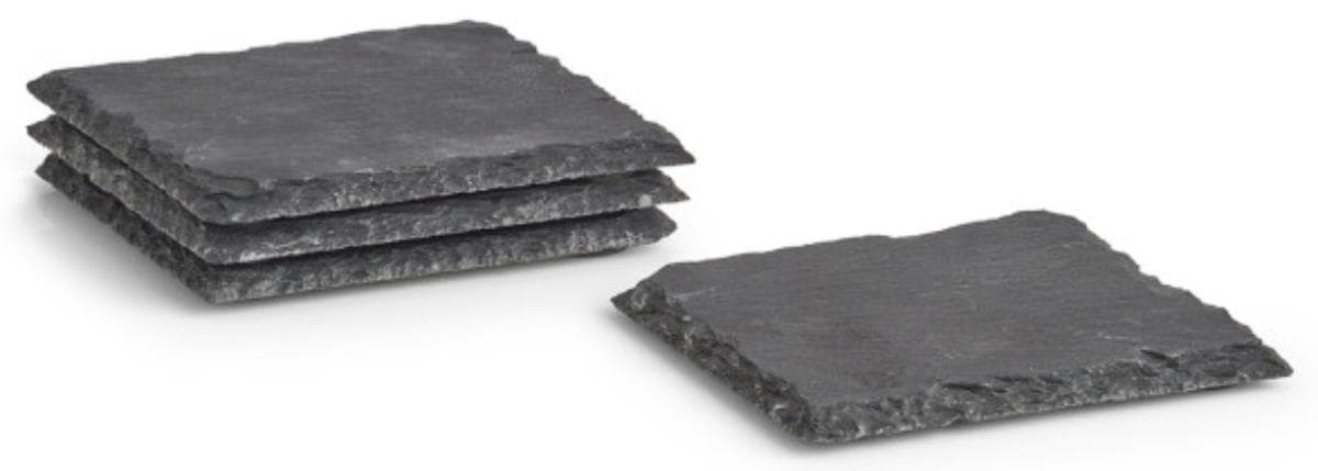 Angaben:
Glasuntersetzer-Set, 4-tlg; Größe: ca.10 x 10 x 0,5 cm; Materialart: Schiefer; in Einzelverpackung.

Befund:
Waren aus Tonschiefer oder aus Pressschiefer.