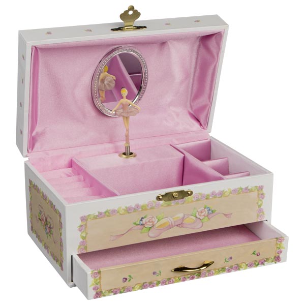Schachtel für Schmuckwaren, sog. Musikspieldose Ballerina IV, Artikel 15348, Foto siehe Anlage,
- nach den Antragsangaben:
- in Form einer aus verschiedenen Bestandteilen zusammengesetzte Ware, bestehend aus:
- - einer Schachtel für Schmuckwaren:
- - - mit einer Außenseite aus mit floralen Motiven bzw. Ballerina-Motiven bedrucktem Papier auf einem
       formstabilen Korpus; überzogen mit einer klarsichtigen, mit bloßem Auge nicht wahrnehmbaren
       Kunststofffolie,
- - - mit einem an zwei Scharnieren befestigten Deckel mit einem Verschluss aus unedlem Metall,
- - - an der Deckelinnenseite mit Spinnstoff ausgekleidet und mit einem Spiegel ausgestattet,
- - - im oberen Teil mit dem Hauptfach mit Einsteckmöglichkeiten für Ringe und weiteren Schmuck,
- - - - teilweise mit Spinnstoff ausgekleidet (bis auf die Seitenwände),
- - - im unteren Teil mit einer herausziehbaren Schublade versehen,
- - - - am Boden mit Spinnstoff ausgekleidet; ohne Inneneinteilung,
- - - mit den Abmessungen: ca. 19 cm (Breite) x 11 cm (Tiefe) x 9,5 cm (Höhe), 
- - einem Spieldosenmechanismus:
- - - in das Behältnis eingebaut,
- - - mit einem Spielwerk und einer an einer Feder befestigten Nachbildung einer Ballerina; nach dem
       Aufziehen des Spielwerks und dem Öffnen des Deckels ertönt eine Melodie und die Ballerina dreht
       sich vor dem an der Deckelinnenseite befestigten Spiegel,
- - verpackt in einer bedruckten Pappschachtel (handelsübliche Verkaufsumschließung),
- die Ware dient im Wesentlichen als Gebrauchsgegenstand der Aufbewahrung von Schmuck und stellt
  sich damit nicht als Spieldose der Position 9208 dar.

"Schachtel für Schmuckwaren, mit Außenseite aus Papier"