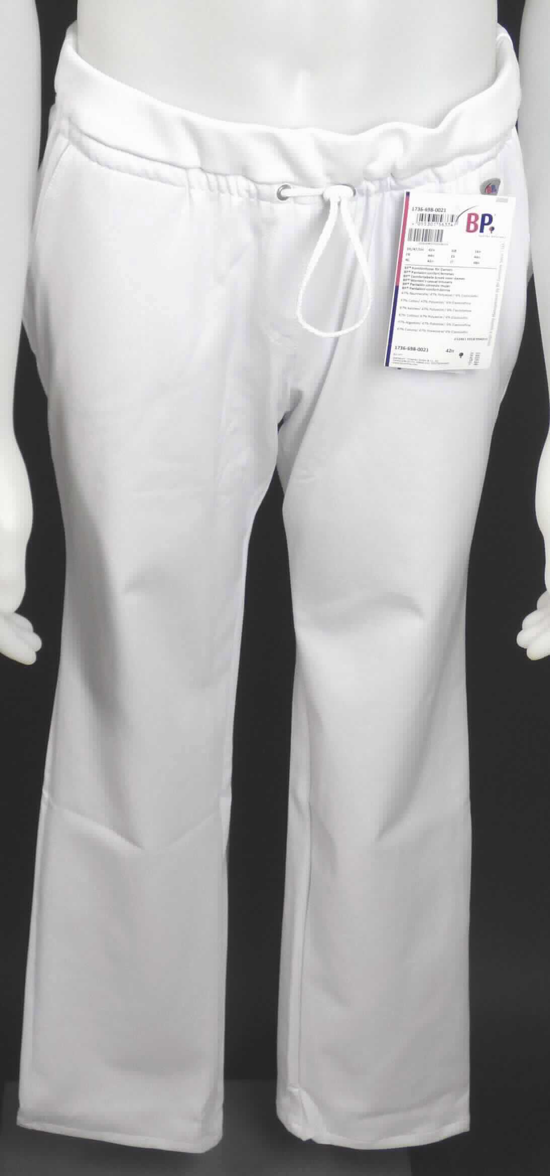 Lange Hose, sog. Komforthose für Damen, weiß, Art. 1736-698-0021, Größe 42, Foto siehe Anlage,
- in einem Polybeutel verpackt,
- aus ca. 0,7 mm dicken, einfarbigen Geweben aus laut Antrag 47 % Baumwolle, 47 % Polyester und 
  6 % Elastolefin (beides synthetische Chemiefasern),  
- in der Taille abschließend, mit einem angesetzten, elastischen, gerippt gewirkten Taillenbund mit Tunnelzug,
- ohne Öffnung und ohne Verschluss; ohne Hinweise auf den Trägerkreis (unisex),
- seitlich mit zwei eingesetzten, offenen Taschen,
- mit knöchellangen Hosenbeinen,
- an den Beinabschlüssen durch Umschlagen und Festnähen gesäumt,
- keine Arbeits- und Berufskleidung.

"Lange Hose, aus Geweben, für Frauen, aus synthetischen Chemiefasern, keine Arbeits- und Berufskleidung, nicht
 nach dem Batik-Verfahren handbedruckt"