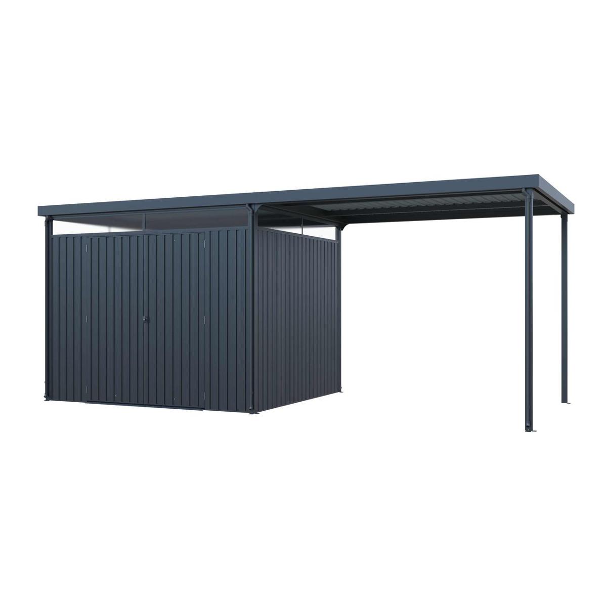 Bei dem sog. Carport mit integriertem Gerätehaus handelt sich um eine zusammengesetzte Ware aus einem vorgefertigten Gebäude in Form eines Gartenhauses und einem Carport.
Das Gartenhaus besteht im Wesentlichen aus einer Rahmenkonstruktion aus Aluminium (Pfosten, Querträger und Türrahmen) und vier Seitenwänden, einem Dach und einer Doppelflügeltür aus verzinktem Stahlblech sowie unterhalb des Daches umlaufenden Lichteinlässen aus farblosen Polycarbonatplatten.
Es ist von allen Seiten umschlossen, aufgrund der Größe begehbar und dient zur Aufbewahrung von Gartengeräten und ähnlichen Gegenständen.
Das Dach aus verzinktem Stahlblech geht über das umschlossene Gebäude hinaus und wird am verlängerten Ende mit zwei Pfosten und Querträgern aus Aluminium gestützt. Dieser Bereich weist drei offene Seitenflächen auf und dient als Carport zum Unterstellen von Kraftfahrzeugen.

Das Erzeugnis ist zum dauerhaften Aufstellen im Freien (z. B. im Garten) bestimmt. 

Es ist in folgenden Abmessungen erhältlich:
- Gerätehaus: 245 cm x 204 cm x 226 cm (L x B x H); Carport: 245 cm x 286 cm x 226 cm (L x B x H)
- Gerätehaus: 245 cm x 290 cm x 226 cm (L x B x H); Carport: 245 cm x 286 cm x 226 cm (L x B x H)

Die Ware wird noch nicht zusammengesetzt mit einer Regenrinne und Montagematerial in einer Verpackung geliefert.

Im Hinblick auf das äußere Erscheinungsbild, den Umfang und die Bedeutung in Bezug auf die Verwendung bestimmt keiner der Bestandteile (vorgefertigtes Gebäude der Position 9406 und Carport der Position 7308) den wesentlichen Charakter der Ware. 
Daher erfolgt die Einreihung in die zuletzt genannte der gleichermaßen in Betracht kommenden Positionen.

Insbesondere hinsichtlich des Umfangs und des äußeren Erscheinungsbildes bestimmen die Bestandteile aus Stahl den stofflichen Charakter des Gerätehauses.

Das Erzeugnis ist als "vorgefertigtes Gebäude, kein Fertigbaumodul, kein Mobilheim, aus Stahl, kein Gewächshaus" einzureihen.