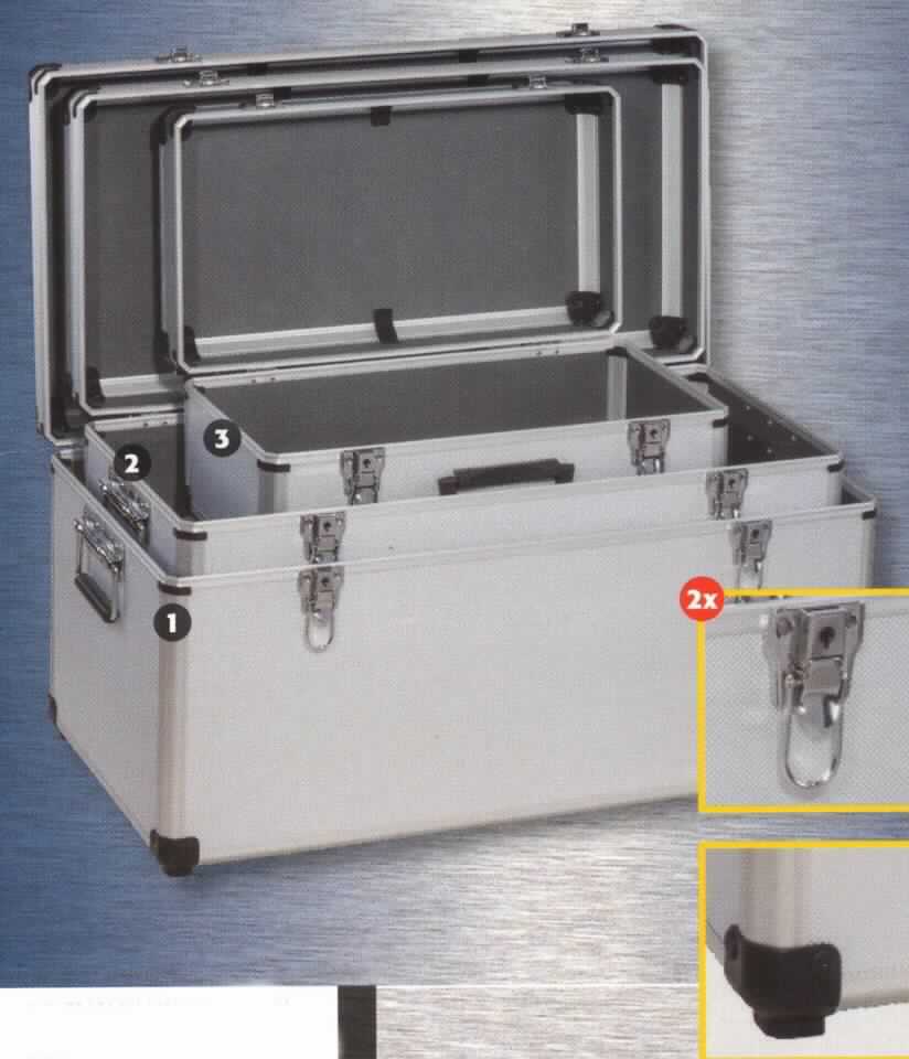 Zusammenstellung aus drei handkofferähnlichen Behältnissen, sog. AluPlus Basic >BC< 3in1, Art. 8000424600,
Foto siehe Anlage,
-  in Aufmachung für den Einzelverkauf (ineinander verpackt),
-  keine Warenzusammenstellung, da alle Waren in die gleiche Unterposition eingereiht werden,
- mit einer Außenseite aus silberfarbenen Kunststofffolien (strukturiert), die auf einer Unterkonstruktion aus
  entsprechend zugeschnittenen Holzfaserplatten aufgeklebt sind,
- mit einem Rahmen aus Aluminium und Eckverstärkungen aus Kunststoff,
- in den Abmessungen: 
- - kleiner Koffer (8000424610): ca. 48,5 cm x 27,5 cm x 21,5 cm,
- - mittlerer Koffer (8000424620): ca. 68,5 cm x 33 cm x 32 cm,
- - großer Koffer (8000424630): ca. 73,5 cm x 38,5 cm x 37 cm,
- mit einem Handtragegriff aus Kunststoff (kleiner Koffer) bzw. jeweils zwei Handtragegriffen aus Kunststoff und
  unedlem Metall (mittlerer und großer Koffer),
- mit zwei verschließbaren Bügelschlössern aus unedlem Metall,
- innen ohne weitere Einteilung.

"Handkofferähnliche Behältnisse, mit Außenseite aus Kunststofffolien"