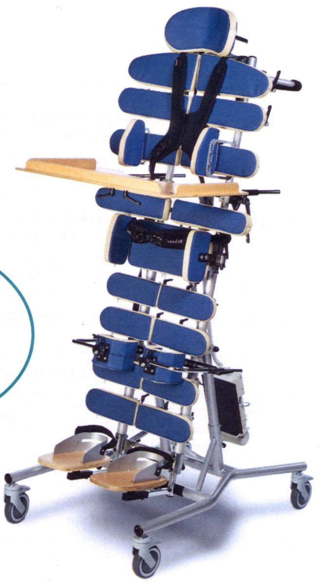 Sog. orthopädisches Stehgerät mit Rollen, in zwei Größen, im Wesentlichen bestehend aus einem Metallrohrgestell mit Elektromotor, zwei Fußplatten mit Fußschalen, geteilter biometrischer Beinauflage, Knie- und Beckenpelotten, biometrischer Rückenauflage mit speziellem Gurtsystem und Kopfstütze.
Nachdem der Patient auf das sich in horizontaler Position befindende System gelegt und fixiert wurde, wird die Vorrichtung mittels eines per Kabel verbundenen Handschalters (funktionelle Einheit) aufgerichtet. Die Schrägstellung ist stufenlos in einem Winkel von 0° bis 81° einstellbar.

Zur äußeren Form siehe Abbildung in der Anlage.

Die Vorrichtung dient dem Stützen und Halten von schwerstbehinderten Patienten während des der Anregung des Herz-Kreislauf-Systems, der Verbesserung der Vitalfunktionen, der Aktivierung von Rumpf- und Beinmuskulatur, der physiologischen Belastung des Beckens und der Hüftgelenke sowie der Festigung der gesamten knöchernen Struktur dienenden Stehtrainings.

Sie wird als "orthopädische Vorrichtung für Menschen" eingereiht.