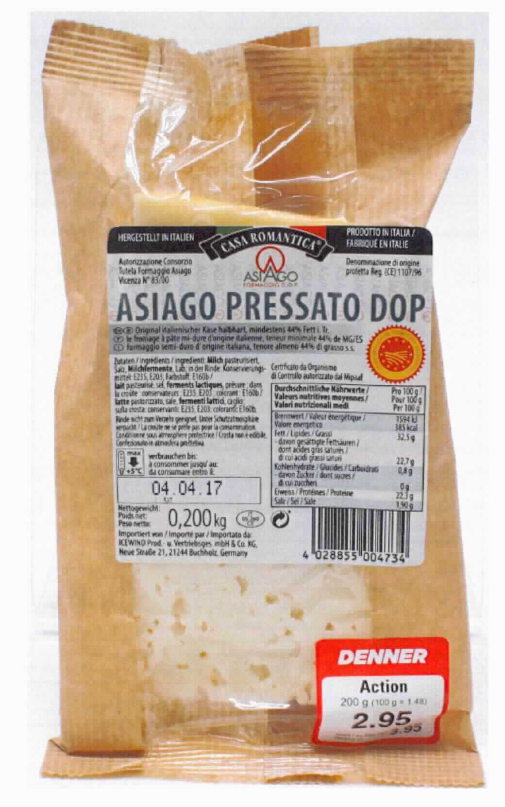 Asiago

Ein Warenmuster in Original-Umschließung und Angaben zur Zusammensetzung wurden vorgelegt.

Beschaffenheit des vorgelegten Warenmusters:
Verschweißte Kunststofffolie, mehrsprachig bedruckt, mit Angaben zu u. a. Warenbezeichnung (Asiago Pressato DOP), Inhalt (200 g), Mindestfettgehalt in der Trockenmasse (44 %), Zutaten, Vertreiber und Hersteller. Inhalt: Hellgelber, keilförmiger Abschnitt eines Käselaibs mit gelblicher Rinde und Bruchlochung; cremig-milder, leicht säuerlicher und bitterer Geschmack, einem handelsüblichen Asiago entsprechend. 

Wassergehalt in der fettfreien Trockenmasse*: mehr als 47 bis 72 GHT
* gemäß Antragsangaben

Anderer Käse, keiner der UPos 0406 1020 bis 0406 9050 der KN, mit einem Wassergehalt in der fettfreien Käsemasse von mehr als 47 bis 72 GHT: Asiago.