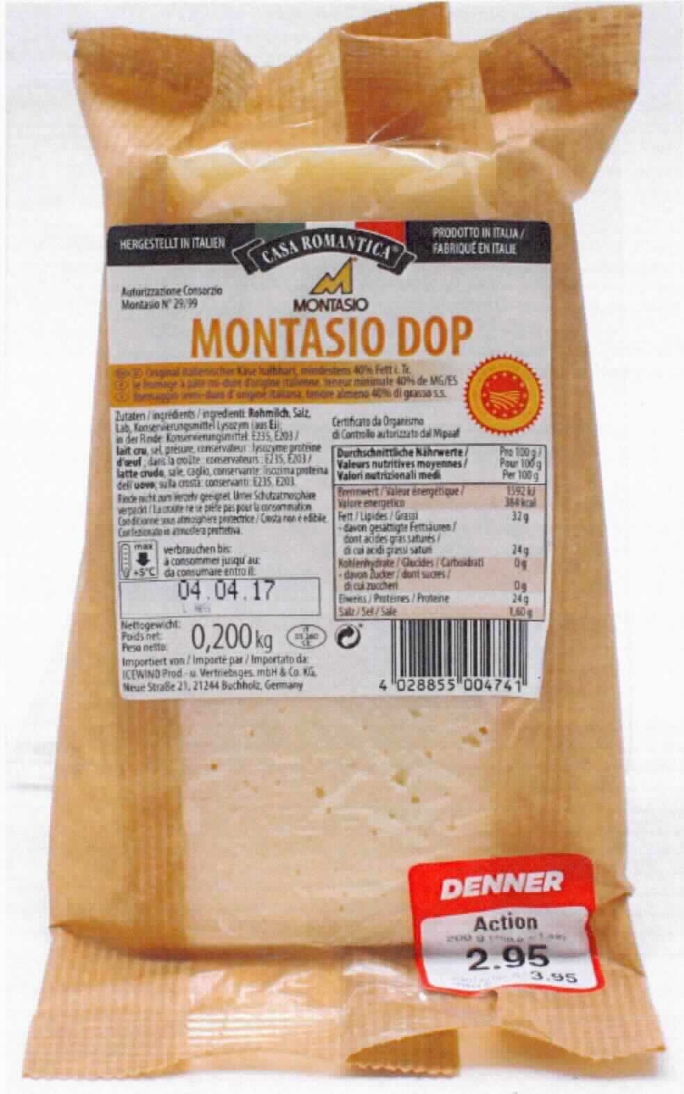Montasio

Ein Warenmuster in Original-Umschließung und Angaben zur Zusammensetzung wurden vorgelegt.

Beschaffenheit des vorgelegten Warenmusters:
Verschweißte Kunststofffolie, mehrsprachig bedruckt, mit Angaben zu u. a. Warenbezeichnung (Montasio DOP), Inhalt (200 g), Mindestfettgehalt in der Trockenmasse (40 %), Zutaten, Vertreiber und Hersteller. Inhalt: Hellgelber, keilförmiger Abschnitt eines Käselaibs mit geprägter Rinde und wenigen stecknadelkopfgroßen Löchern im Teig; milder, buttriger, leicht salziger Geschmack, einem handelsüblichen Montasio entsprechend. 

Wassergehalt in der fettfreien Trockenmasse*: mehr als 47 bis 72 GHT
* gemäß Antragsangaben

Anderer Käse, keiner der UPos 0406 1020 bis 0406 9050 der KN, mit einem Wassergehalt in der fettfreien Käsemasse von mehr als 47 bis 72 GHT: Montasio.