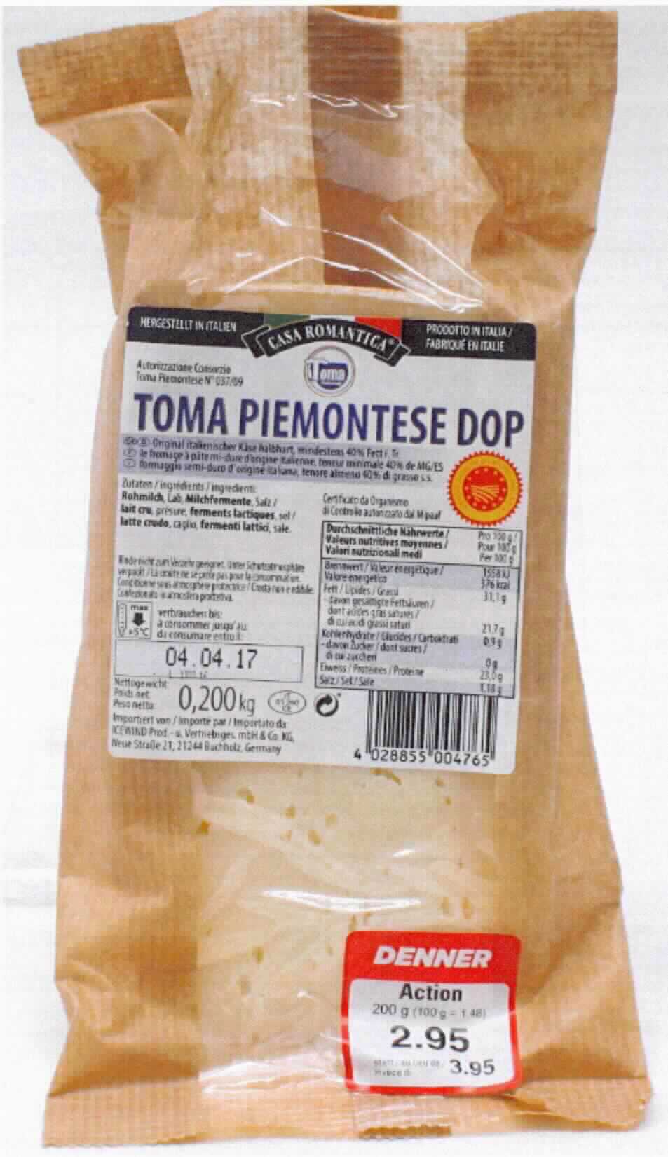 Toma Piemontese

Ein Warenmuster in Original-Umschließung und Angaben zur Zusammensetzung wurden vorgelegt.

Beschaffenheit des vorgelegten Warenmusters:
Verschweißte Kunststofffolie, mehrsprachig bedruckt, mit Angaben zu u. a. Warenbezeichnung (Montasio DOP), Inhalt (200 g), Mindestfettgehalt in der Trockenmasse (40 %), Zutaten, Vertreiber und Hersteller. Inhalt: Hellgelber, keilförmiger Abschnitt eines Käselaibs mit geprägter Rinde und wenigen stecknadelkopfgroßen Löchern im Teig; milder, buttriger, leicht salziger Geschmack, einem handelsüblichen Montasio entsprechend. 

Wassergehalt in der fettfreien Trockenmasse*: mehr als 52 bis 62 GHT
* gemäß Antragsangaben

Anderer Käse, keiner der UPos 0406 1020 bis 0406 9086 der KN, mit einem Wassergehalt in der fettfreien Käsemasse von mehr als 52 bis 62 GHT, anderer.