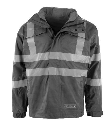 Zwei miteinander verbundene Kleidungsstücke, bestehend aus einem Blouson (Außenteil) und 
einer Strickjacke (Innenteil), sog. Multinorm-Parka, Art. 3850GR, Größe M, Foto siehe Anlage,
- in einem Polybeutel verpackt,
- beide Teile sind durch Reißverschlüsse und Druckknopfschlaufen miteinander verbunden, 
  können aber auch separat getragen werden; getrennte Einreihung beider Kleidungsstücke, 
  da sie nicht zusammen in eine Position eingereiht werden können,
- Blouson:
-- aus ca. 0,2 mm dicken, buntgewebten, einseitig (Innenseite) mit Kunststoff (kein Zellkunst-
   stoff) überzogenen Geweben der Position 5903 aus laut Antrag 98 % Polyester (synthetische 
   Chemiefasern) und 2 % Carbon (Kohlenstofffasern),
-- durchgehend gefüttert,
-- über den Schritt reichend (Rückenlänge: ca. 85 cm); u. a. aufgrund der Länge kein Parka,
-- mit einem Stehkragen mit einer mittels Druckknöpfen abtrennbaren Kapuze mit Tunnelzug,
-- vorn mit einer durchgehenden Öffnung mit einem bis in die Kragenspitzen reichenden 
   Reißverschluss; am Kragenrand mit einer kurzen Überlappung von rechts über links, verdeckt 
   von einer von links über rechts überlappenden Patte mit Druckknopfverschluss (Männerkleidung),
-- mit langen Ärmeln, die über den unteren Rand des Kleidungsstücks hinausreichen; an den 
   Ärmelenden teilweise elastisch verengt und zusätzlich mit Klettverschlussriegeln zu verengen,
-- mit verschiedenen eingesetzten Taschen,
-- mit aufgenähten, reflektierenden Streifen versehen,
-- am unteren Rand mit einem Tunnelzug zu verengen.

"Kleidung (Blouson) aus Erzeugnissen der Position 5903, aus Geweben, von der in der Position 
 6201 beschriebenen Art"