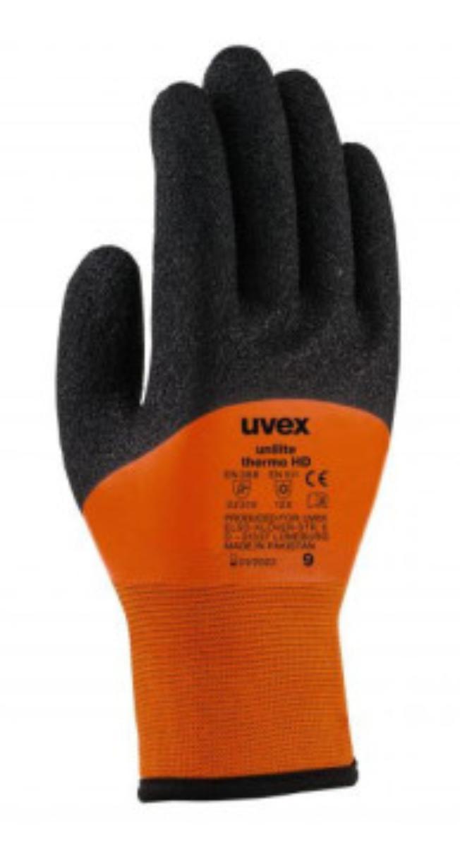 Fingerhandschuhe, sog. Schutzhandschuhe uvex unilite thermo HD, Größe 9, Foto siehe Anlage,
- als Fünffingerhandschuhe gearbeitet,
- aus buntgewirkten Gewirken aus laut Antrag synthetischen Chemiefasern,
- nachträglich mit Ausnahme des größten Teils des Bündchens einseitig (Außenseite) im
  Tauchverfahren mit Kunststoff (klarsichtig bzw. schwarz; keine Zellstruktur erkennbar)
  überzogen,
- durchgehend gefüttert,
- auf dem Handrücken bedruckt,
- am unteren Rand mit einer schmalen Einfassung aus Gewirken versehen.

"Fingerhandschuhe, aus Gewirken, mit Kunststoff überzogen"