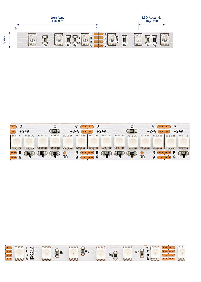 Niedervolt LED-Streifenprofile,
5937201 10W/m RGB LED-Streifen SLIM 5m
5975301 14,4W/m RGB LED-Streifen 5m
5937301 24W/m RGB LED-Streifen 5m
(beispielhafte Abbildungen siehe Anlage)
- in Form von Leuchtdiodenmodulen (LED-Modulen), jeweils basierend auf
  mehreren rot/grün/blau (RGB) und weiß-leuchtenden LEDs, die mit weiteren
  elektrischen Bauelementen (Widerständen) auf einer flexiblen, streifenförmigen
  gedruckten Schaltung mit Anschlusskontakten angeordnet sind (ohne Sockel),
  auf der Unterseite mit einem doppelseitigen Klebeband zur Montage versehen
  und in bestimmten Abschnitten durch Schneiden kürzbar (Rollenlänge 5 Meter),
- zum Einsatz als elektrische Lichtquelle in unterschiedlichen Beleuchtungszwecken.

„Leuchtdiodenlichtquelle (LED-Lichtquelle), Leuchtdiodemodule (LED-Module)“