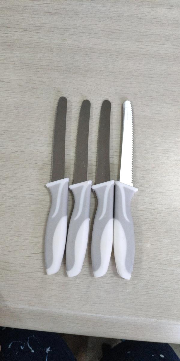 "Frühstücksmesser";

- Set, bestehend aus zwei identischen Messern, jeweils mit schneidender, gezahnter
  Klinge aus Stahl und einem Griff aus Kunststoff

- Länge ca. 20,8 cm

- zum Schneiden von Speisen bei Tisch

- aufgemacht in einer Blisterverpackung

Abbildung siehe Anlage.

Derartige Erzeugnisse gehören als "Tischmesser mit schneidender, feststehender Klinge, auch gezahnt, keine Messer der Position 8208, keine Zusammenstellungen, mit arbeitendem Teil aus unedlem Metall" zur Codenummer 8211 9100 00 0 des Zolltarifs.
