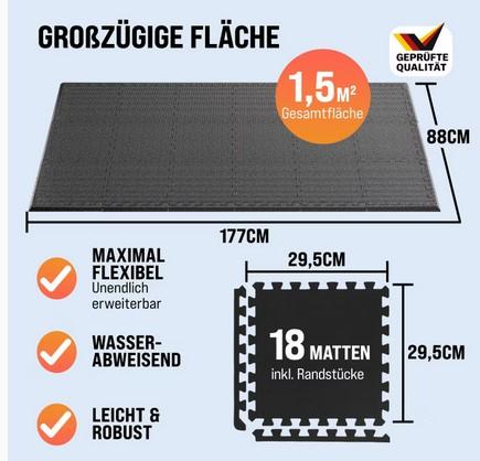 Angaben des Antragstellers:
Bodenschutz-/Puzzlematte 18er-Set Schwarz 177x88x1cm schwarz; mit Randstücken
Bodenschutz-/Puzzlematte 18er-Set Schwarz 177x88x1cm grau; mit Randstücken

Material: Ethyl-Vinylacetat-Schaumstoff
Gesamtfläche: 1,5 m² (LxB: 177 x 88 cm)
Größe Einzelteile: 29,5 x 29,5 cm
Dicke: 1 cm

Es wurde kein Warenmuster vorgelegt.

Befund:
Es handelt sich um einen Bodenbelag aus Kunststoff (hier Ethylen-Vinylacetat-Copolymer). Nach den objektiven Merkmalen und dem Verwendungszweck liegt kein Spielzeug der Position (HS) 9503 vor.