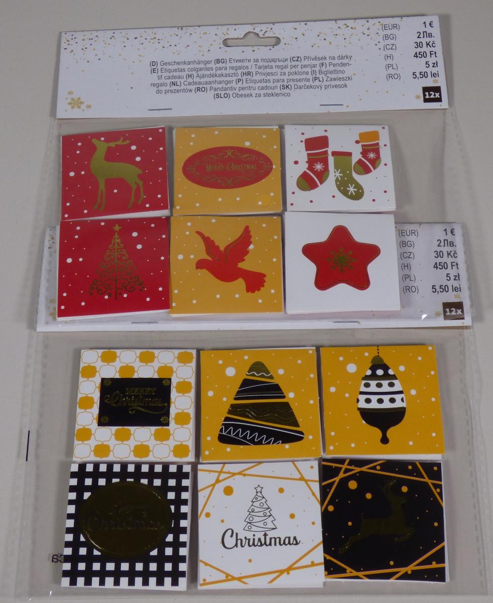 Es handelt sich jeweils um zwölf rechteckige, klappkartenähnliche Zuschnitte (Format im aufgeklapptem Zustand etwa 11,0 x 5,5 cm) aus Papier (charakterbestimmend), die jeweils auf der vorderen Außenseite mit stilisierten Ziermotiven (z. B. Karomuster, Stern, geschmückter Tannenbaum, Taube) und teilweise zusätzlich mit Grüßen ("Merry Christmas") farbig bedruckt sind. Die Rückseiten der Zuschnitte sind jeweils mit zwei Klebepads aus Zellkunststoff versehen, mit denen die Waren nach einer Beschriftung an Geschenken befestigt werden sollen. Die Waren sind auf einem rechteckigen Zuschnitt aus Kunststofffolie aufgebracht und in einem Kunststofffolienbeutel mit Pappreiter mit Eurolochung verpackt. 

Abbildung siehe Anlage.

Derartige Waren gehören als "andere Drucke, andere als solche der vorgenannten TARIC-Codes" zum TARIC-Code 4911 99 00 00.