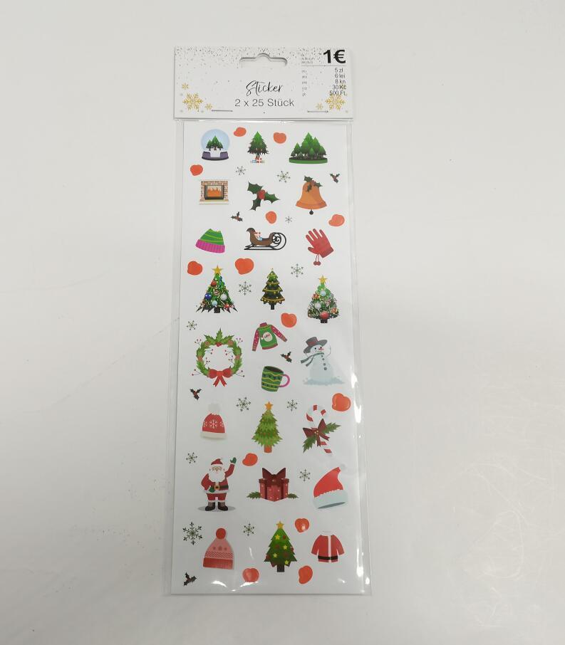 Es handelt sich um einen etwa 10,0 x 27,0 cm großen rechteckigen Zuschnitt aus Papier mit etwa 54 vorgestanzten, zum Ablösen bestimmten Aufklebern. Die Aufkleber sind mit unterschiedlichen Motiven bedruckt. Die Rückseite des Zuschnitts ist mit einer Selbstklebeschicht versehen und auf ein Trägerpapier aufgebracht. Die Mehrheit der Motive ist neutral ohne einen Bezug zu einem spezifischen Fest gestaltet (z. B. Tasse, mit Hut und Schal bekleideter Schneemann, Geschenk, Eiskristalle, Handschuh, Kamin), einige wenige Motive weisen einen Bezug zum Weihnachtsfest auf (z. B. geschmückte Tannenbäume, Zuckerstange).  Die Sticker sollen zu Dekorationszwecken verwendet werden. Jeweils zwei Zuschnitte sind in einem Kunststofffolienbeutel mit Pappreiter mit Eurolochung für den Einzelverkauf aufgemacht. 

Abbildungen siehe Anlagen.

Derartige Waren gehören als "andere Bilddrucke" zum TARIC-Code 4911 91 00 90.