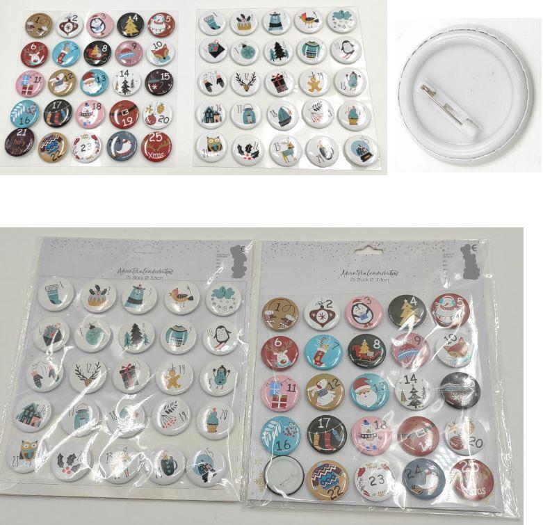 Es handelt sich um verschiedene Sets mit jeweils 24 runden Ansteckbuttons (Durchmesser: etwa 3 cm) aus zwei zusammengefügten Platten. Die vordere, aus unedlem Metall gefertigte Platte ist mit einem Papierzuschnitt überzogen, der mit einer Zahl (1 - 24) und einem winterlichen oder weihnachtlichen Motiv bedruckt ist. Die rückseitige, aus Kunststoff gefertigte Platte weist einen Federnadelverschluss aus Kunststoff und unedlem Metall zum Anstecken z. B. an der Kleidung auf.
Die Erzeugnisse sind auf einer bedruckten Pappkarte befestigt und in einer Kunststofftüte verpackt.
- Antragstellerangaben -

Bei den aus verschiedenen Stoffen zusammengesetzten Ansteckbuttons ist ein charakterbestimmender Stoff nicht ermittelbar, so dass die Einreihung in Anwendung der AV 3 c) in die zuletzt genannte der in Betracht kommenden Unterpositionen erfolgt.

Abbildung siehe Anlage.

Derartige Erzeugnisse gehören als "anderer Fantasieschmuck nicht aus unedlen Metallen" zum TARIC-Code 7117 9000 00.