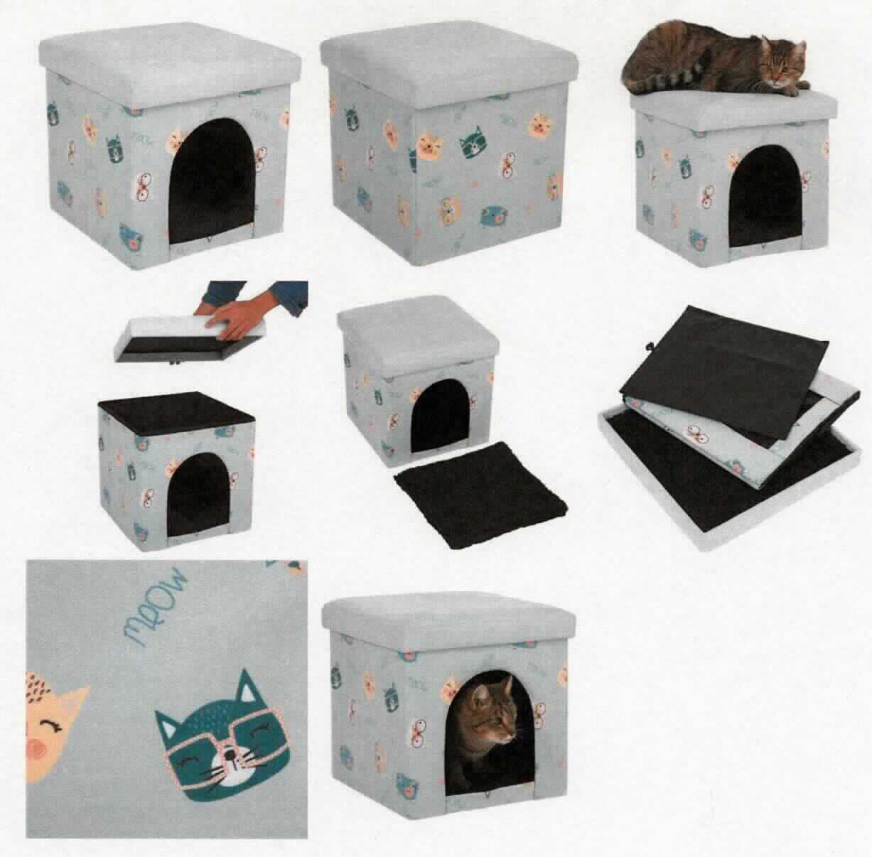 Sog. "Faltbarer Würfel Meow", in Form eines ca. 38 x 38 x 38 cm ( L x B x H) großen Sitzmöbels, im Wesentlichen bestehend aus einem aus MDF-Platten hergestellten Korpus, der mit textilem Material bespannt ist und an der Frontseite eine bogenförmige Öffnung besitzt. In den Korpus wird eine ebenfalls mit textilem Material bespannte Platte als Bodenverstärkung eingefügt, auf die ein quadratisches Kissen (ca. 36 cm Seitenlänge) aufgelegt wird.
Das auf den Boden zu stellende Erzeugnis ist zusammenklappbar und wird mit einem weich gepolsterten Deckel geschlossen, der ebenfalls mit Spinnstoff überzogen ist. 
Da die Ware mit zwei Funktionen als Innenausstattungsgegenstand aus Holz der Pos. 4420 (charakterbestimmender Stoff, in Form einer zusammengesetzten Ware mit einem Kissen) und als Sitzmöbel der Pos. 9401 Verwendung findet, erfolgt die Einreihung in die in der Nomenklatur zuletzt genannte, der gleichermaßen in Betracht kommenden Positionen.

Die noch nicht zusammengesetzte Ware ist in einer Kunststofftüte verpackt und ist als "anderes als von den Unterpositionen 9401 10 bis 9401 59 erfasstes Sitzmöbel, mit Gestell aus Holz, gepolstert" einzureihen.