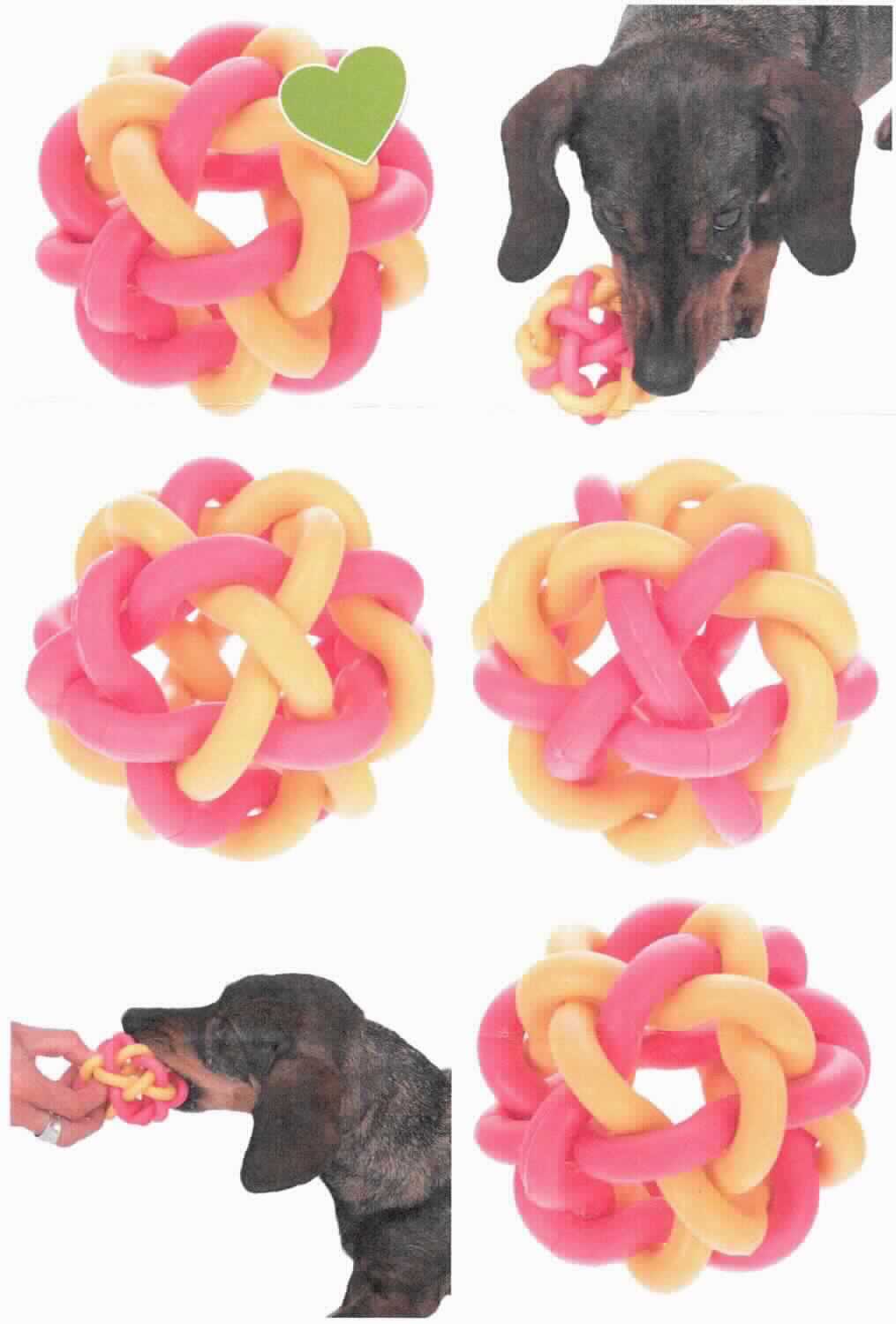 Angaben des Antragstellers:
geflochtener Ball bunt
Spielball für Hunde, mit Leckerli befüllbar, aus thermoplastischem Gummi (100 % TPR)

Untersuchungsergebnisse an einem Warenmuster:
Es wurde ein geflochtener Ball aus pinkfarbenen und gelben elastischen Strängen vorgelegt (Durchmesser: ca. 7 cm). Der Ball ist mit einem Pappanhänger versehen, der die Ware als Tierspielzeug kennzeichnet (Aufdruck auszugsweise: "Spielzeug für Hunde Geflochtener Ball").

Befund:
Es liegt eine andere Ware aus nicht vulkanisiertem Kautschuk im Sinne der Position 4006 vor.