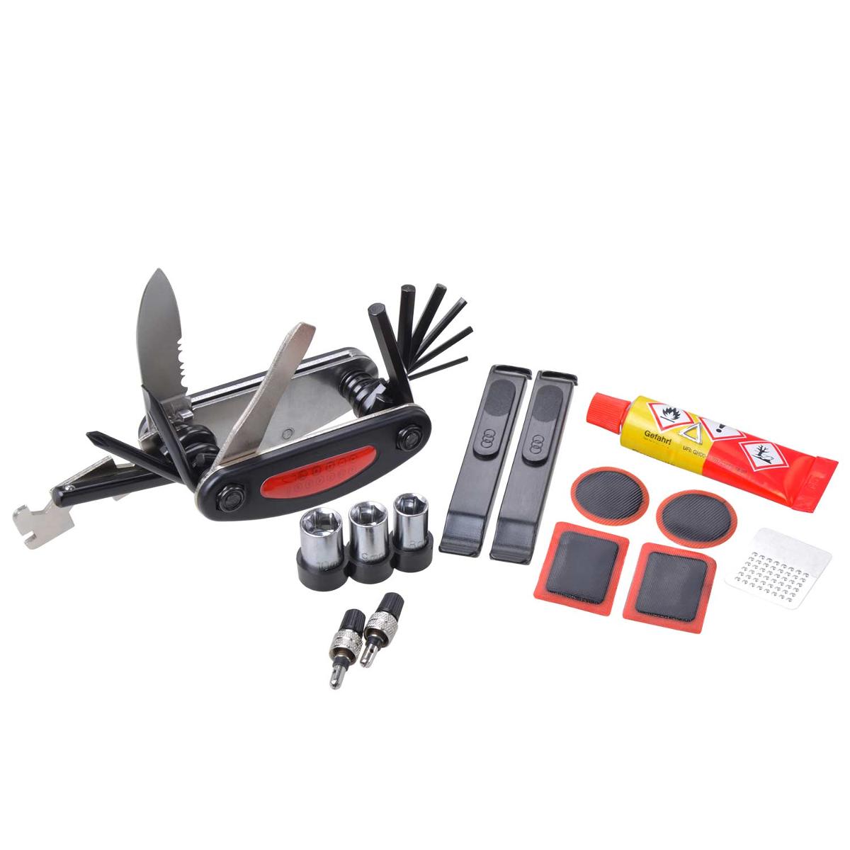 "Multitool 26-teilig"
Warenzusammenstellung in Aufmachung für den Einzelverkauf, bestehend aus

- einer Zusammenstellung von Werkzeugen (Pos 8206), aus 

- - einem Aufrauer, aus unedlem Metall (Pos. 8203)

- - drei auswechselbaren Steckschlüsseleinsätzen aus unedlem Metall, in einer passgenauen und 
     zum dauerhaften Gebrauch geeigneten Halterung aus Kunststoff (= Position 8204)

- - einer zusammengesetzten Ware aus
- - - 8 Schraubwerkzeugen (6 x Außensechskant, 1 x Schlitz, 1 x Kreuzschlitz), die mangels Anschlags frei um die Achse des Rahmens bewegt und dadurch gleichermaßen als Winkelschraubendreher als auch als Schraubendreher mit geradem Antrieb genutzt werden können; aufgrund der verschiedenen Funktionen gehören diese Bestandteile in Anwendung der AV 3 c) zu der letztgenannten der gleichermaßen in Betracht kommenden Positionen (Pos. 8205)
- - - einem Antriebsteil für Steckschlüsseleinsätze mit Außenvierkant (Pos. 8204)
- - - einem sog. Mutternschlüssel (Pos. 8204)
- - - einem Reifenheber (Pos. 8205)
- - - und einem Bestandteil mit versch. Funktionen in Form einer nicht feststehenden, teilweise mit einer Sägezahnung (Pos 8202) versehenen Messerklinge (Pos 8211); in Anwendung der AV 3 c) in die letzte der gleichermaßen in Betracht kommenden Positionen gehörend (Pos 8211)
- - - die o. g. Werkzeuge sind aus unedlem Metall gefertigt und unlösbar aber beweglich an den zwei Achsen der Griffhälften befestigt, die Griffhälften weisen jeweils einen Überzug aus Kunststoff auf
- - - im Hinblick auf die Menge bestimmen die Waren der Pos 8205 den Charakter der zusammengesetzten Ware

- 2 Reifenhebern aus Kunststoff (Pos. 3926),  4 Flicken aus Weichkautschuk (Pos. 4016), einer Tube mit Gummilösung zum Kleben der Flicken (Pos. 4005) und 2 Ventilen (Pos. 8481)

- gemeinsam mit einer zum dauernden Gebrauch geeigneten und passgenau gefertigten Gürteltasche aus Spinnstoff aufgeblistert

Ohne charakterverleihenden Bestandteil, Einreihung in die letztgenannte der gleichermaßen in Betracht kommenden Pos. (Menge: 4016, Wert 8206); hier Pos. 8206

Abbildung siehe Anlage.

Derartige Erzeugnisse gehören als "Zusammenstellung von Werkzeugen aus zwei oder mehr der Pos. 8202 bis 8205, i. A. f. d. E., mit arbeitendem Teil aus unedlem Metall" zum TARIC-Code 8206 0000 00.