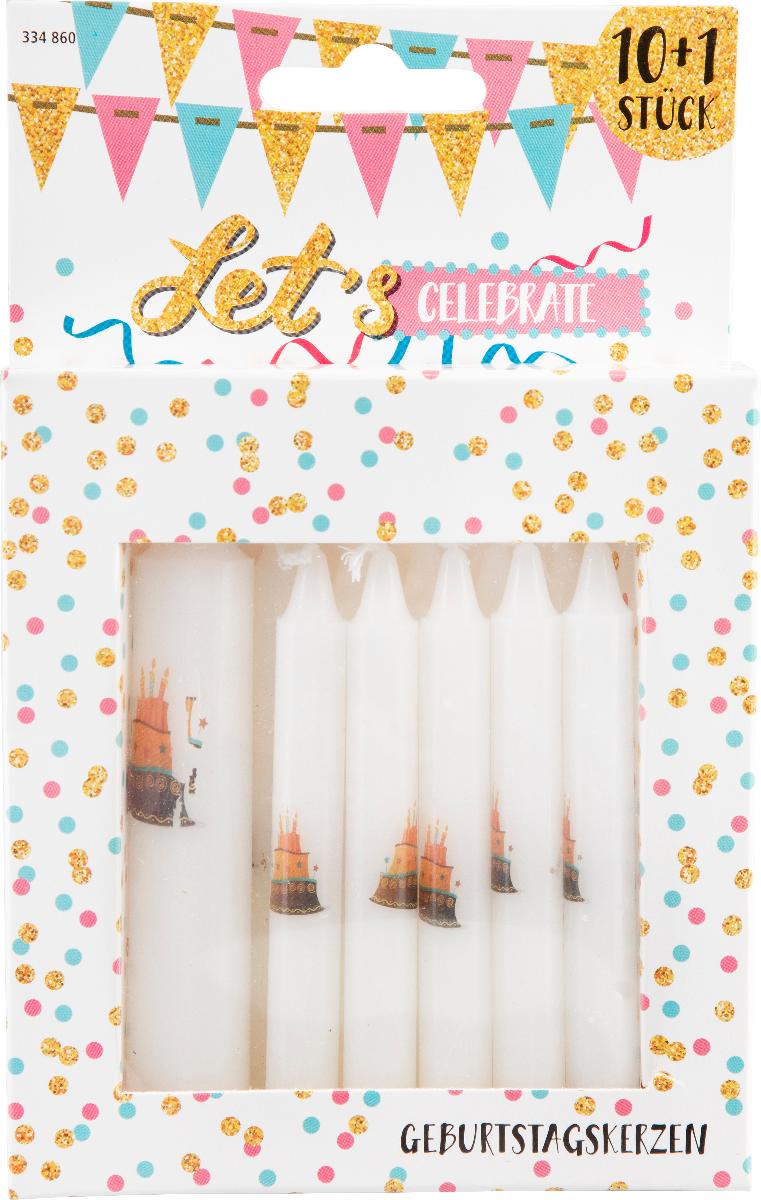 Angaben:
Geburtstagskerzen; eine Lebenslichtkerze und zehn Geburtstagskerzen; weiß mit einem Kuchenmotiv verziert; verpackt in einer beschrifteten Pappfaltschachtel.

Befund:
Kerzen (Lichte) aller Art und dergleichen.