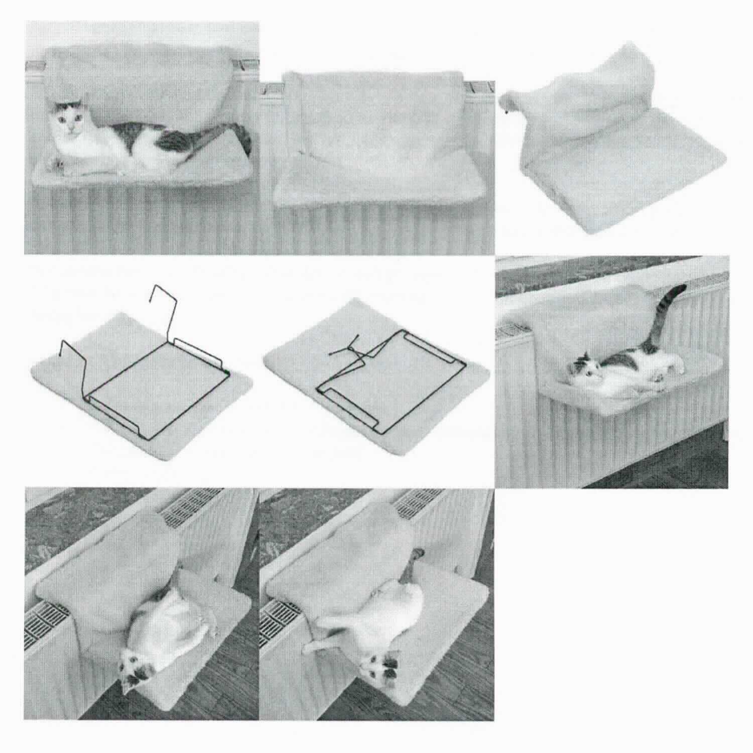 Katzenliege, sog. Heizungsliege Relax wollweiß, Foto siehe Anlage, 
- in einem Polybeutel mit Pappanhänger verpackt; laut Antrag in den Abmessungen von 50 cm (Länge) x 30 cm 
  (Breite) x 20 cm (Höhe),  
- in Form einer an einen Heizungskörper zu hängenden Liege, bestehend aus: 
- - einer rechteckig zusammengenähten "Hülle" (Abmessungen: 70 cm x 50 cm) aus einfarbigen Plüschgewirken 
    aus laut Antrag 100 % Polyester (synthetische Chemiefasern); an einer Schmalseite mit einer Öffnung ohne 
    Verschluss; ohne Polsterung und ohne Füllung; durch Zusammennähen konfektioniert, 
- - einem "Gestell" aus unedlem Metall, in Form eines rechteckigen Rahmens, in den Abmessungen: ca. 48 cm x 
    30 cm, an zwei Ecken mit jeweils einem ca. 20 cm senkrecht nach oben reichenden, einklappbaren, am Ende 
    umgebogenen Bügel; wird in die Spinnstoffhülle eingeschoben und dann mit aufgeklappten Bügeln an einen 
    Heizkörper gehängt, 
- dient als Schlaf- und Liegeplatz für Katzen, 
- stellt sich insbesondere aufgrund der fehlenden Polsterung oder Füllung nicht als eine den Bettausstattungen 
  ähnliche Ware der Position 9404 dar, 
- kennzeichnet sich aufgrund der "raumbezogenen Funktion" als Ware zur Innenausstattung, somit keine Ware der 
  Position 6307, 
- das Plüschgewirke aus Spinnstoffen bestimmt insbesondere im Hinblick auf den Umfang und das äußere 
  Erscheinungsbild den Charakter der Ware.

"Andere Ware zur Innenausstattung (Katzen-Heizungsliege) aus Spinnstoffen, keine Ware der Position 9404, 
 aus Gewirken"