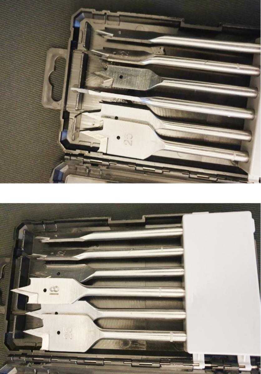 „Flachfräsbohrer-Set“

- sechs auswechselbare Bohrer aus Carbon-Stahl

- Bohrköpfe spatenförmig mit je zwei Schneiden und einer Zentrierspitze

- Durchmesser von 10 - 25 mm

- zum Einsetzen in mechanische Handwerkzeuge oder Werkzeugmaschinen

- ihrer Beschaffenheit nach dazu bestimmt, fallweise ausgewechselt zu werden

- zum Bohren von Löchern in Holz

- aufgemacht in einer speziell zur Aufnahme der Bohrer gestalteten und für den
  dauernden Gebrauch geeigneten Kunststoff-Box

(Antragstellerangaben)


Abbildung siehe Anlage.
Derartige Erzeugnisse gehören als "auswechselbare Bohrwerkzeuge zur
Verwendung in mechanischen Handwerkzeugen oder Werkzeugmaschinen,
mit arbeitendem Teil aus unedlem Metall, kein Mauerbohrer, nicht für die
Metallbearbeitung“ zur Codenummer 8207 5090 00 0 des Zolltarifs.