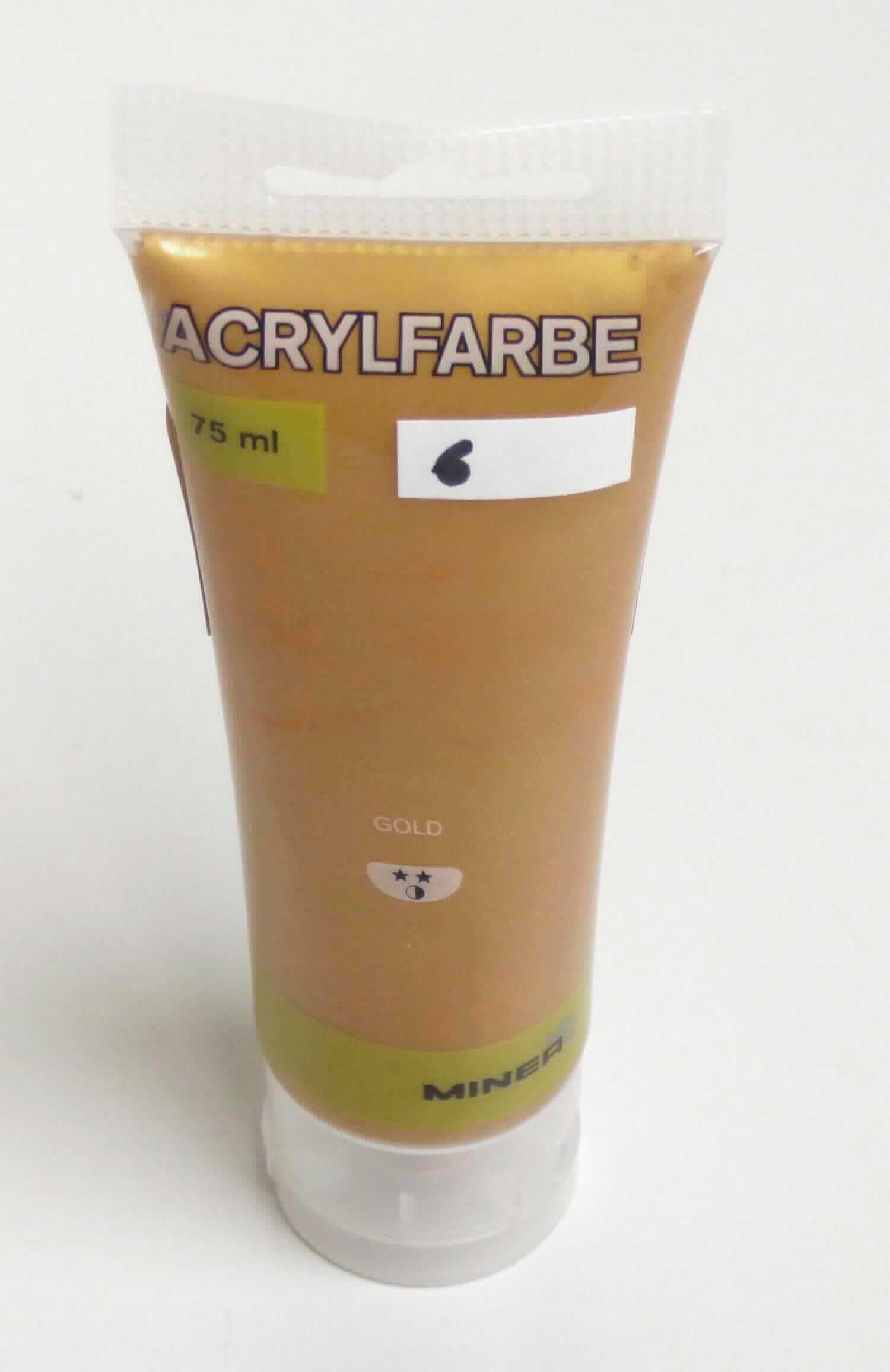 Angaben:
Acrylfarbe gold, 75 ml; Verwendung: für den Hobby-Künstler z.B. Malen. 

Warenbeschaffenheit:
Goldfarbe Paste in einer Kunststofftube.

Befund: 
Farben für Kunstmaler, für den Unterricht, für die Plakatmalerei, für Farbtönungen, zur Unterhaltung und ähnliche Farben, in Täfelchen, Tuben, Töpfchen, Fläschchen, Näpfchen oder ähnlichen Aufmachungen.