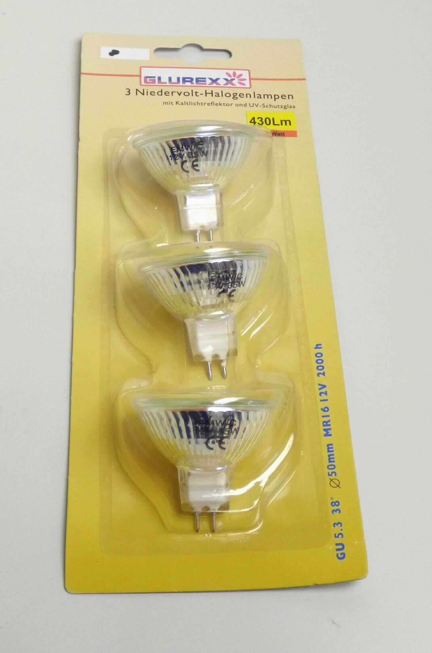 Halogenlampe, Art, 12760107,
- aus einem mit Halogen gefüllten Glaskolben mit Wolframwendel und zwei Kontaktstiften 
  (GU5.3 Sockel), eingebaut in ein Reflektorgehäuse MR16,
- für eine Spannung von 12 Volt bei einer Leistung von 35 Watt, 
- drei Stück verpackt in einer Blisterverpackung,
- zur Verwendung als Leuchtmittel.
(Abbildung siehe Anlage)

"Elektrische Wolfram-Halogen-Glühlampe, keine innenverspiegelte Scheinwerferlampe,
 nicht von der für Krafträder oder andere Kraftfahrzeuge verwendeten Art, für eine Spannung
 von 100 V oder weniger, nicht für bestimmte Luftfahrzeuge; Halogenlampe"