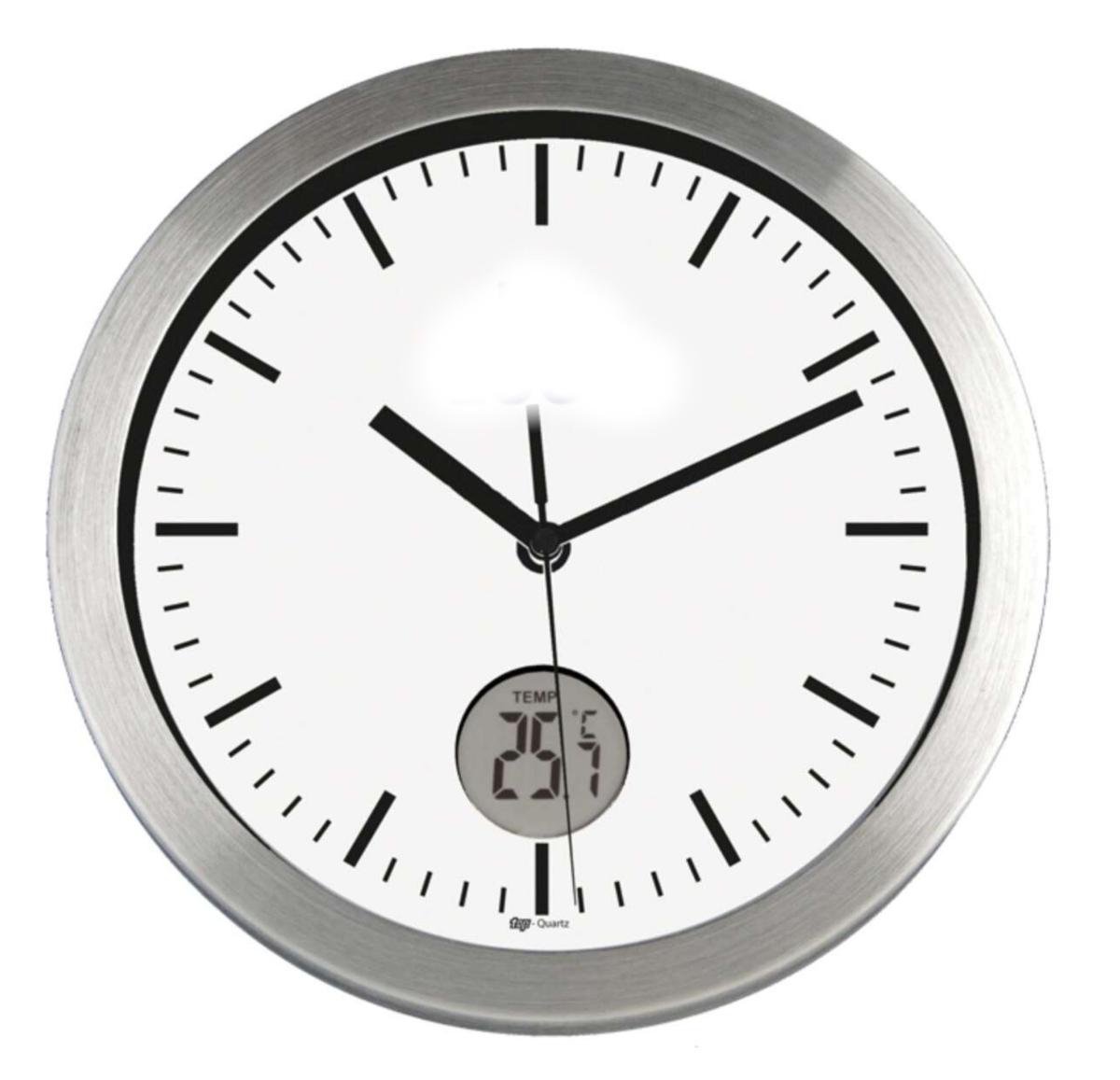 Es handelt sich im Wesentlichen um eine zusammengesetzte Ware aus einem Thermometer und einer vom Umfang und Verwendungszweck her charakterbestimmenden Wanduhr.
Die ca. 250 x 40 mm (Ø x Dicke) große runde, elektrisch betriebene Wanduhr hat ein Gehäuse aus Aluminium und eine Abdeckung aus Glas (lt. Astin) mit Stunden-, Minuten- und Sekundenzeiger.
Das weiße Zifferblatt weist eine Stunden- und Minutenunterteilung in Form von Strichen sowie eine kreisrunde, digitale Anzeige des Thermometers auf.
Auf der Rückseite der Uhr befinden sich zwei Kunststofffächer, zum einen zur Aufnahme von zwei Batterien für das Thermometer und zum anderen zur Aufnahme des Uhrwerks und einer Batterie. Das Quarzuhrwerk, mit den Maßen 57 x 55 x 12 mm (Länge x Breite x Dicke), stellt sich nicht als Kleinuhr-Werk dar.

Das Zifferblatt kann individuell mit einem Logo bedruckt werden.

Die Wanduhr ist zusammen mit drei Batterien in einem Pappkarton verpackt.

Die Ware ist als „andere als von den Positionen 9101 bis 9104 erfasste Uhr, Wanduhr, elektrisch betrieben“ einzureihen.