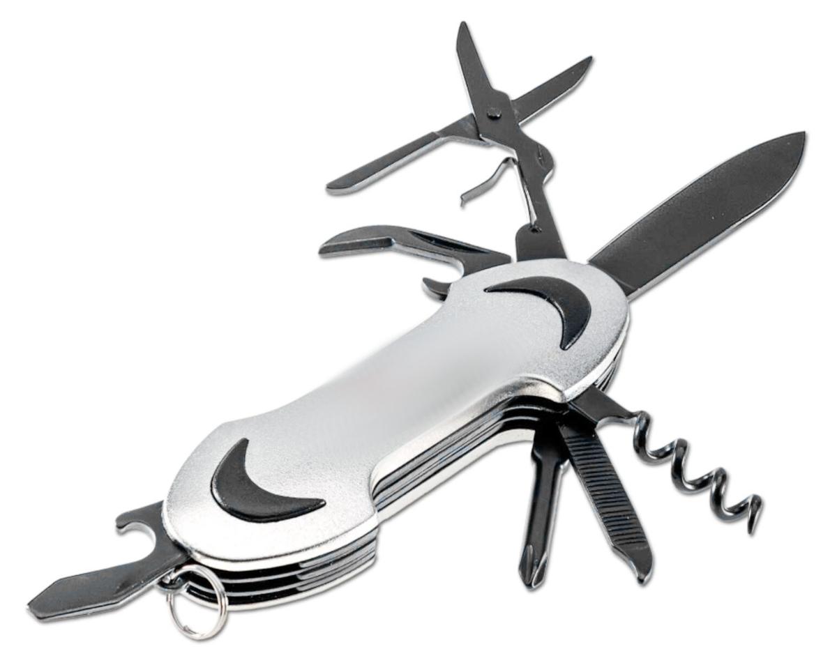 "Multifunktions-Taschenmesser (silber)";

- aus verschiedenen Bestandteilen zusammengesetztes Erzeugnis in Form eines Klappmessers
  (Taschenmesser) mit einseitig schneidender Klinge aus unedlem Metall (charakterbestimmmend)
  und Griffschalen, in die gemeinsam unlösbar eine Schere, ein Kapselheber mit 
  Schraubendreherspitze, ein Dosenöffner, ein Korkenzieher, eine Feile mit Spitzahle sowie ein 
  Kreuzschlitz-Schraubendreher (jeweils aus unedlem Metall) eingesetzt sind

- Klingenlänge etwa 62 mm, Grifflänge etwa 90 mm

- am Gehäuse mit einem kleinen Schlüsselring aus unedlem Metall versehen

- in einem bedruckten Pappkarton aufgemacht

Abbildung siehe Anlage.

Derartige Erzeugnisse gehören als "Messer mit schneidender, nicht feststehender Klinge aus unedlem Metall, kein Messer der Pos. 8208" zur Codenummer 8211 9300 00 0 des Zolltarifs.
